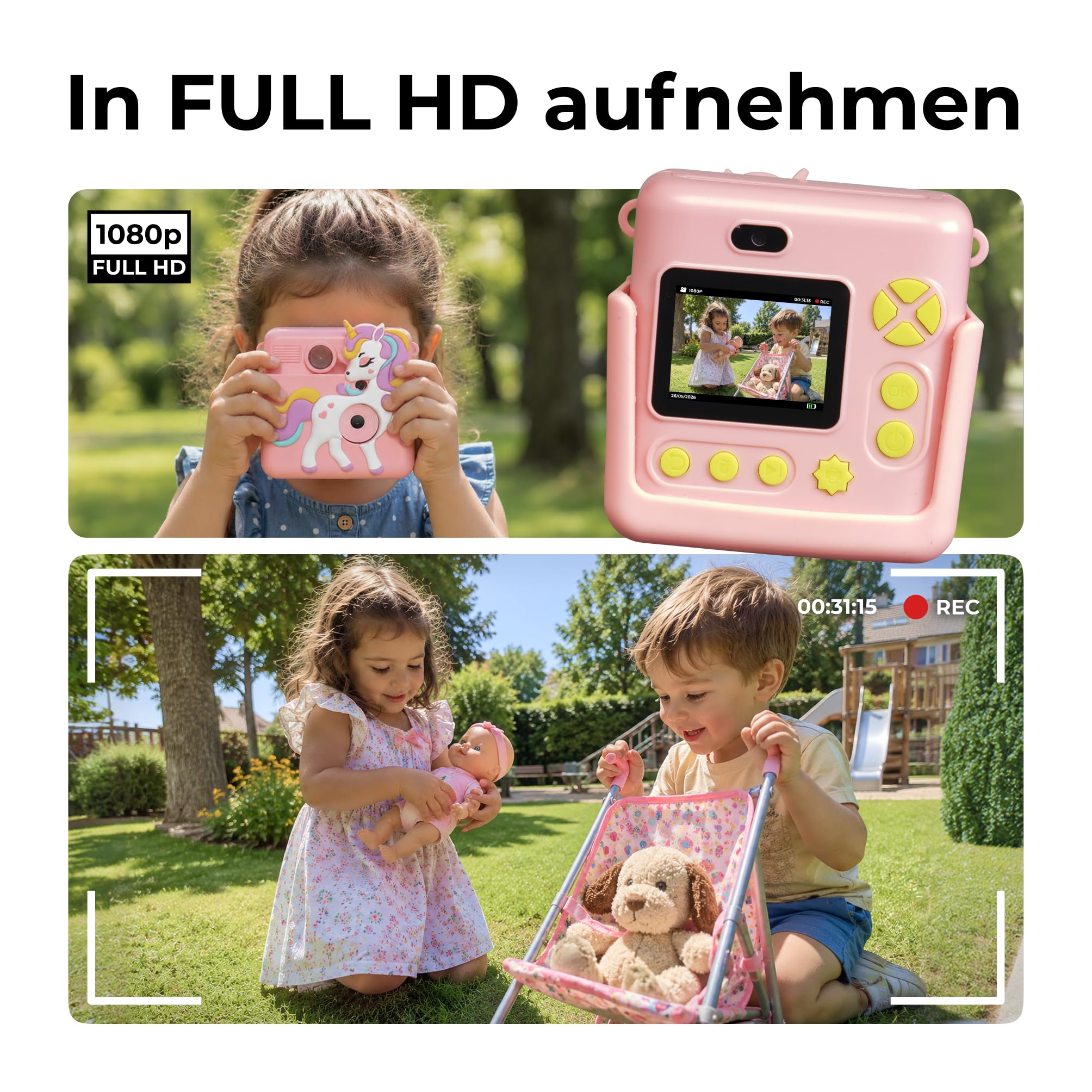 Denver KPC-1363RO Kinder-Sofortbildkamera, Rosa | Digitale Fotokamera, Thermo-Druckfunktion Schwarz-Weiß, 2,8" LCD-Display, Videoaufnahme, 3 Rollen Druckpapier inkl.