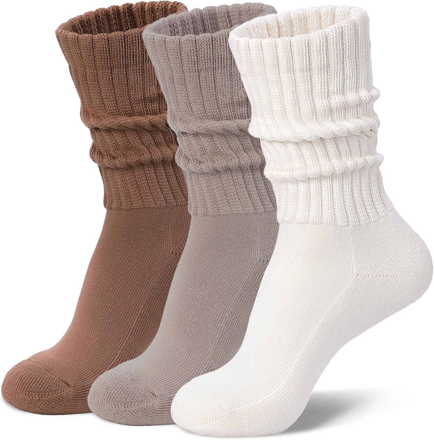 Womens Slouch Crew Socks Cozy Cotton Retro Ribbed Calf Scrunch Boot Socks for Casual Athletic 3 Pairs