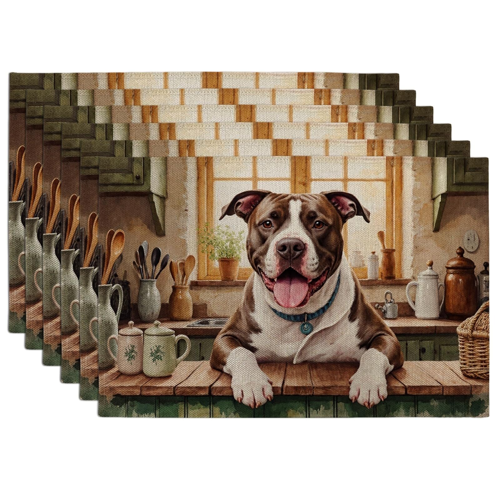 Dog Kitchen Placemats, Rustic Country Animal Place Mats for Dining Table, Everyday Non-Slip Washable Indoor Outdoor Kitchen Party Decorative Placemat Set of 6