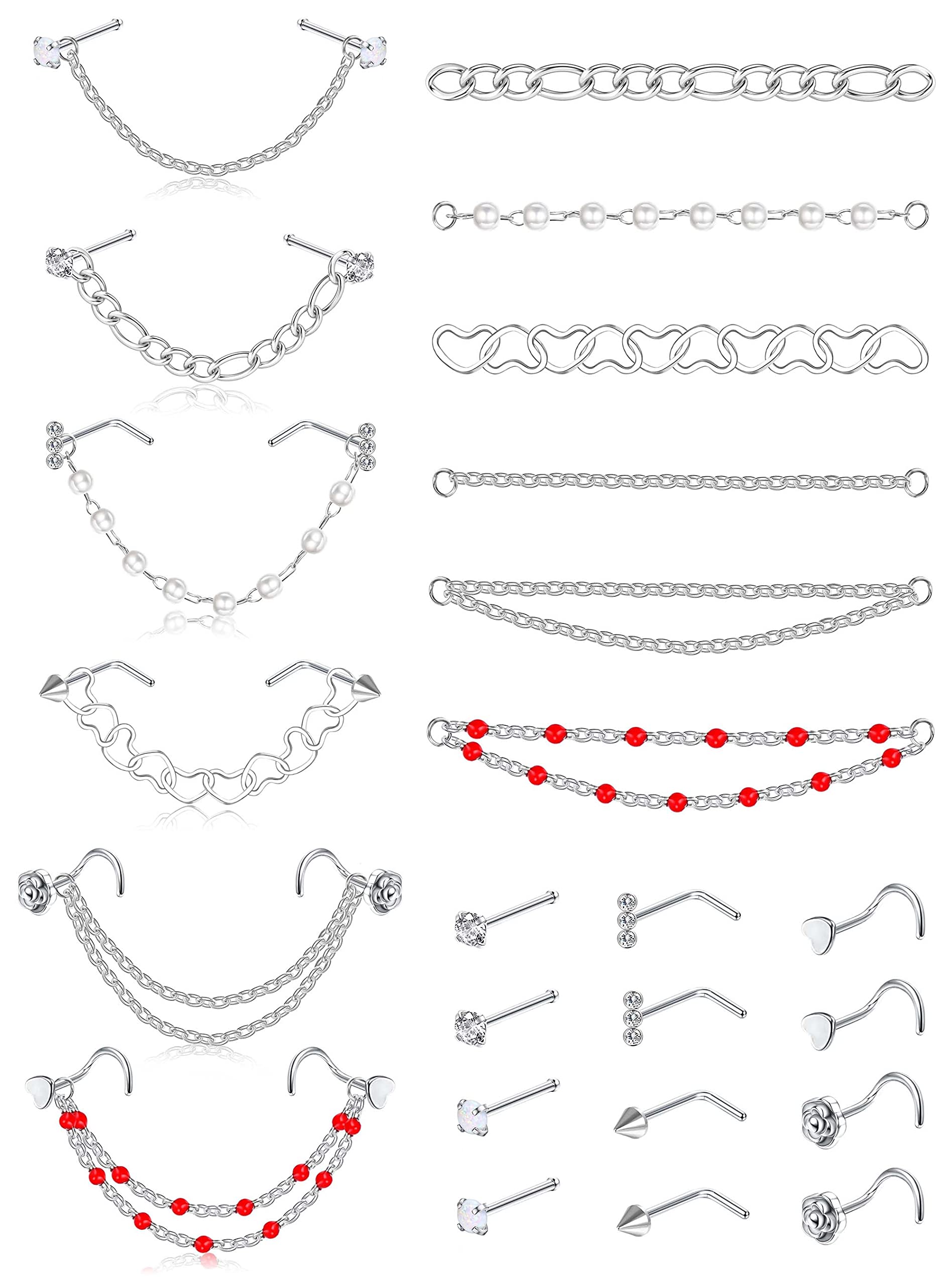 TEN MIRONose Piercing - Surgical Steel Nostril Studs and Heart Chain, CZ L Shaped, 20g, 4.2MM