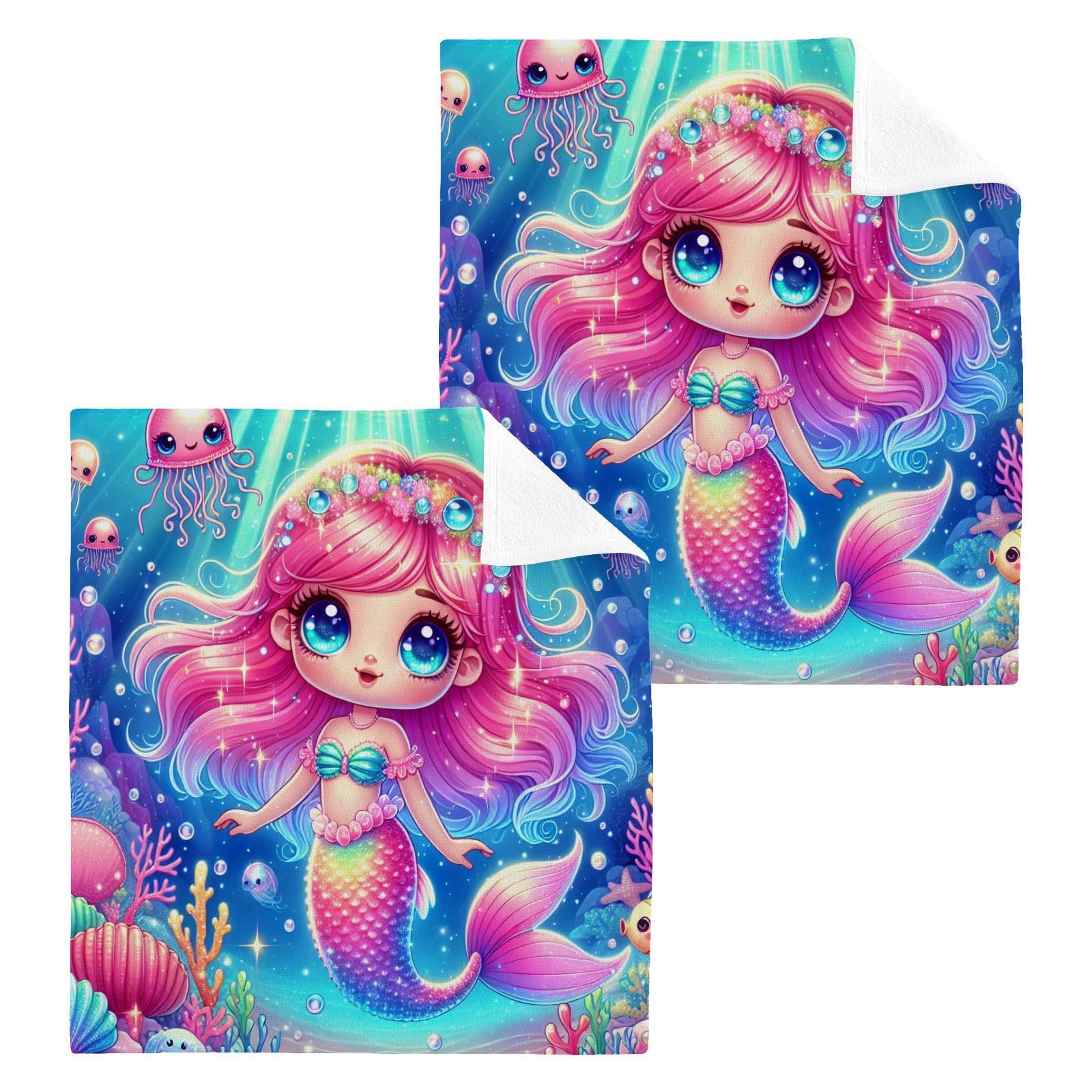 YANENDIE Sparkly Mermaid Washcloths Towels, Highly Absorbent and Soft Cotton Face Cloths, 2 Pack Quick Dry Wash Cloths - 12 X 12 Inches