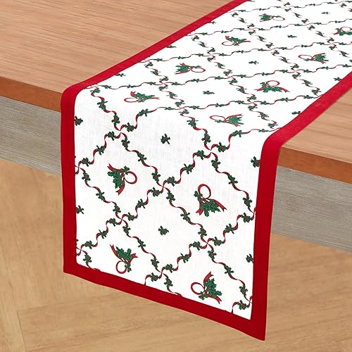 Miniatura 2 de Solino Home Camino de mesa de Navidad rojo y verde de 72 pulgadas de largo, camino de mesa con estampado de lino 100% puro, 14 x 72 pulgadas, hecho