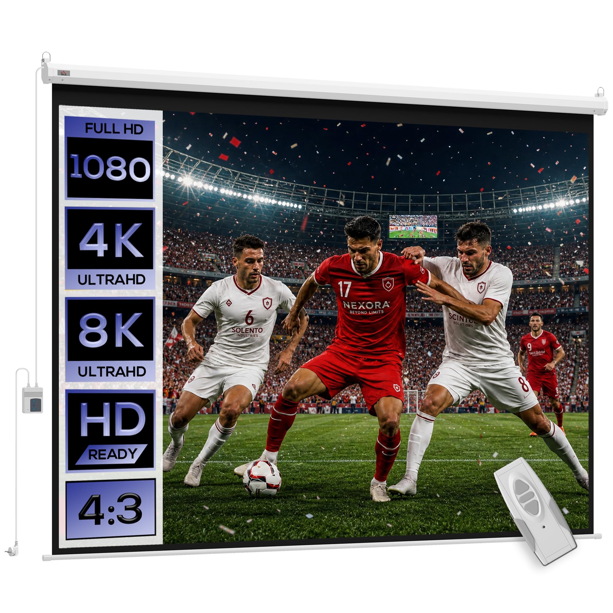 HOMCOM Electric Projector Screen 120 Inches Portable Projection Screen 4:3 Format with Remote Control Projection Fabric for Indoor and Outdoor Sports Events 244 x 183 cm White