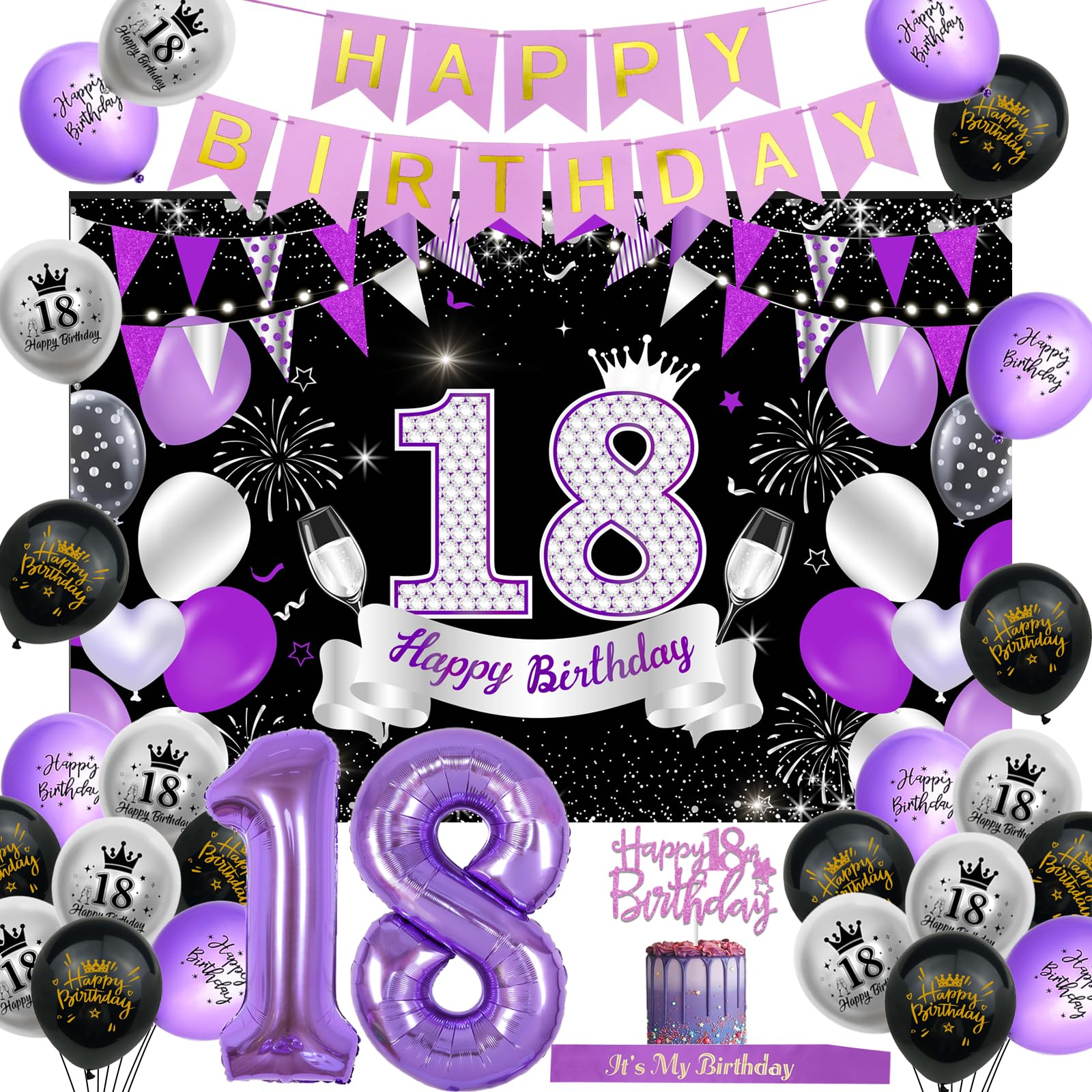 Set Decorazione Compleanno Principessa Asha: 13 Topper Torta, 1 Banner, 18 Palloncini Viola - 3