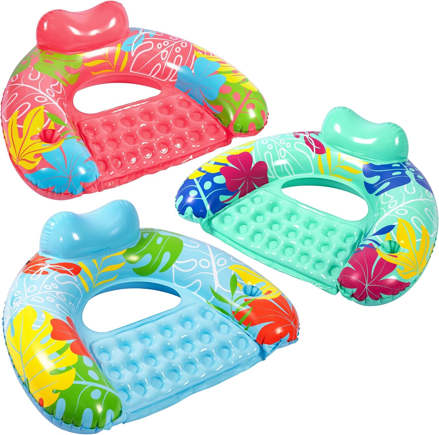 3 Pack Pool Floats Adult, Inflatable Pool Float Chairs with Cupholder, Comfortable Pool Toys Lounge Floaties for Pool, Lake, River, Beach, Summer Vacation & Water Party