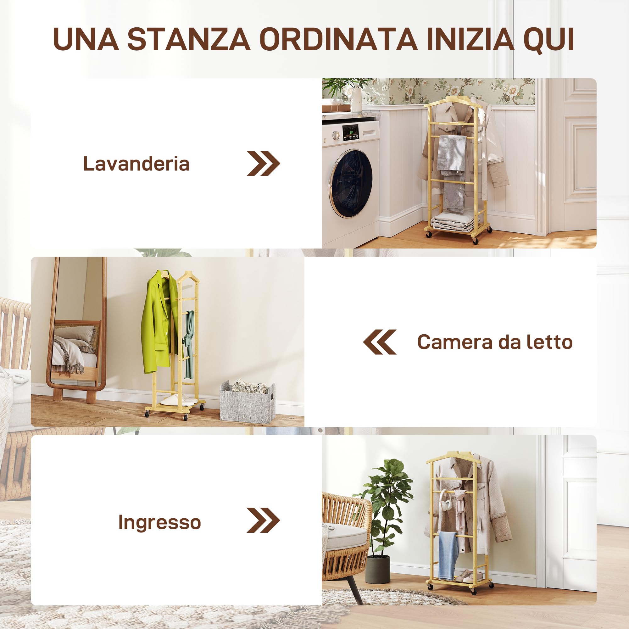 HOMCOM Servomuto 4 in 1 a Rotelle con 2 Aste per Indumenti, Vassoio Svuota Tasche e Ripiano per Scarpe, Rella Appendiabiti in Bambù per Camera da Letto e Soggiorno, 47x33.7x105.5 cm, color Legno