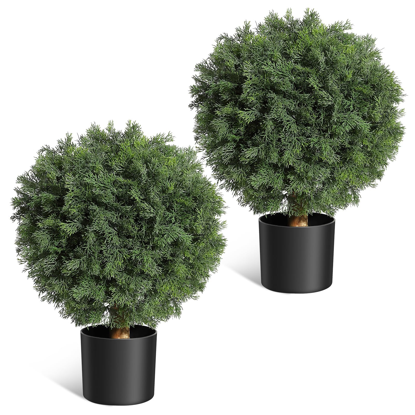 GarveeLife Set of 2 UV-Resistant Artificial Cedar Topiary Ball Trees – 61 cm (24") Realistic Faux Evergreen Shrubs with Pots, for Indoor & Outdoor Home, Porch & Garden Decoration