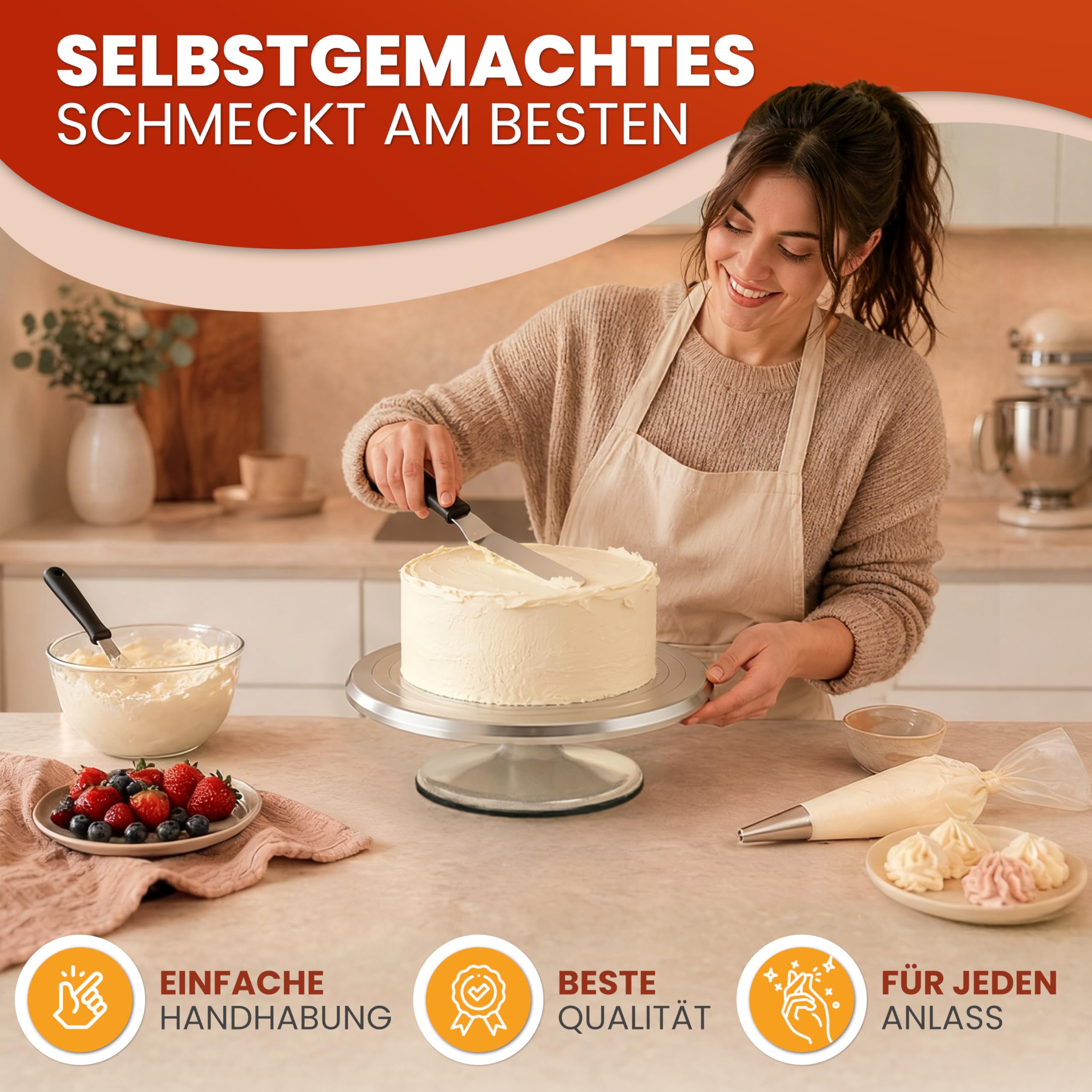 Profi Drehteller Torte (Set) – 30 cm Aluminium Tortendrehteller mit Antirutschboden inkl. 2 Winkelpalette & 3 Teigschaber aus Edelstahl | Stabile drehbare Tortenplatte mit Tortenzubehör