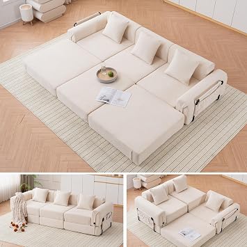 GNIXUU 98.8" Oversized Convertible Sectional Sleeper Sofa Bed, Floor Folding Mattress Couch Modern Modular 3 Seater Sofa with Fixed-Shape Frame, Compression Boneless Couches for Living Room, Beige