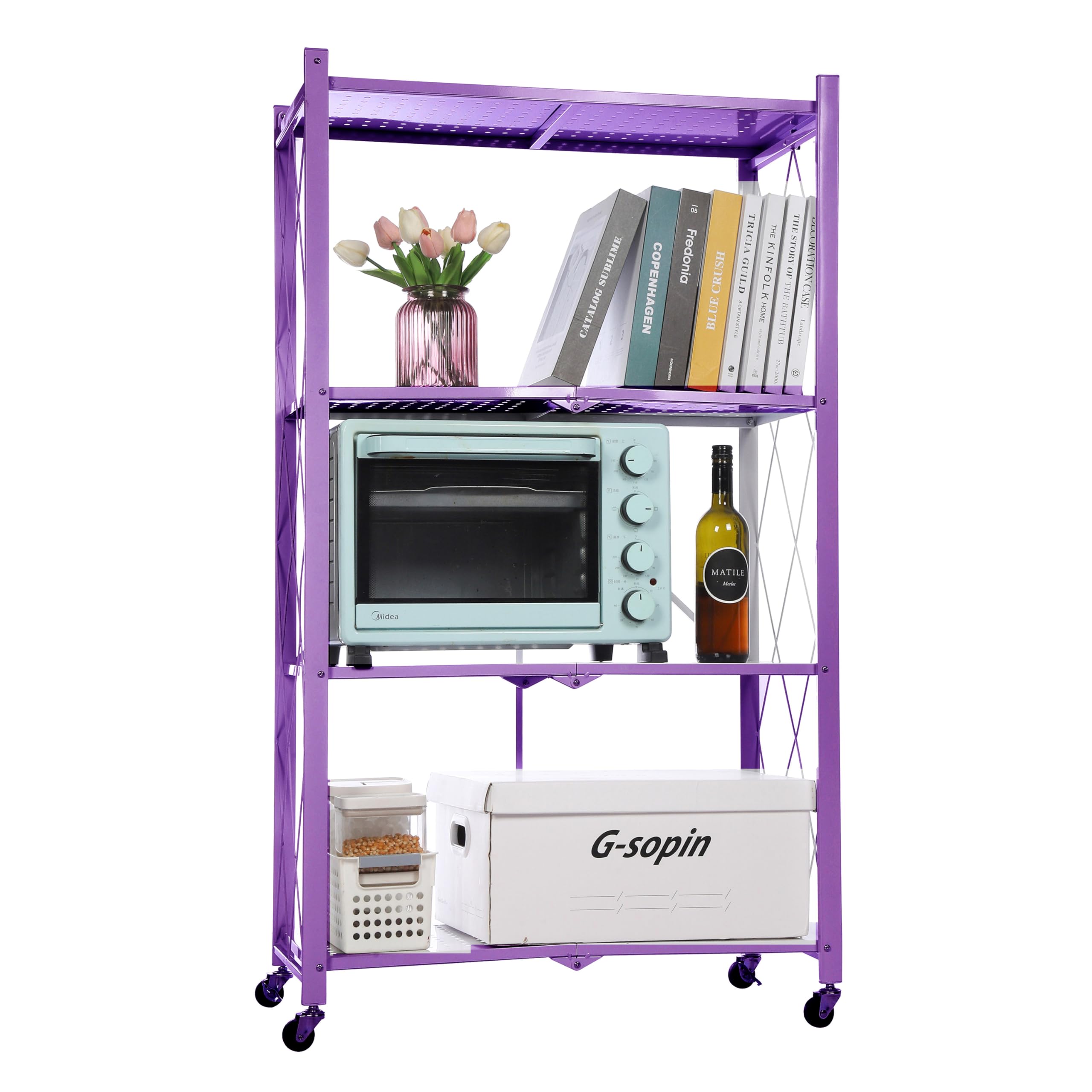 Letusto Foldable Collapsible Shelf with Wheels & Breaks - Folding Shelf Heavy Duty Metal Frame Pantry Shelving Unit - Origami Bookcase - No Assembly Bookshelf (Purple, 4 Tier)