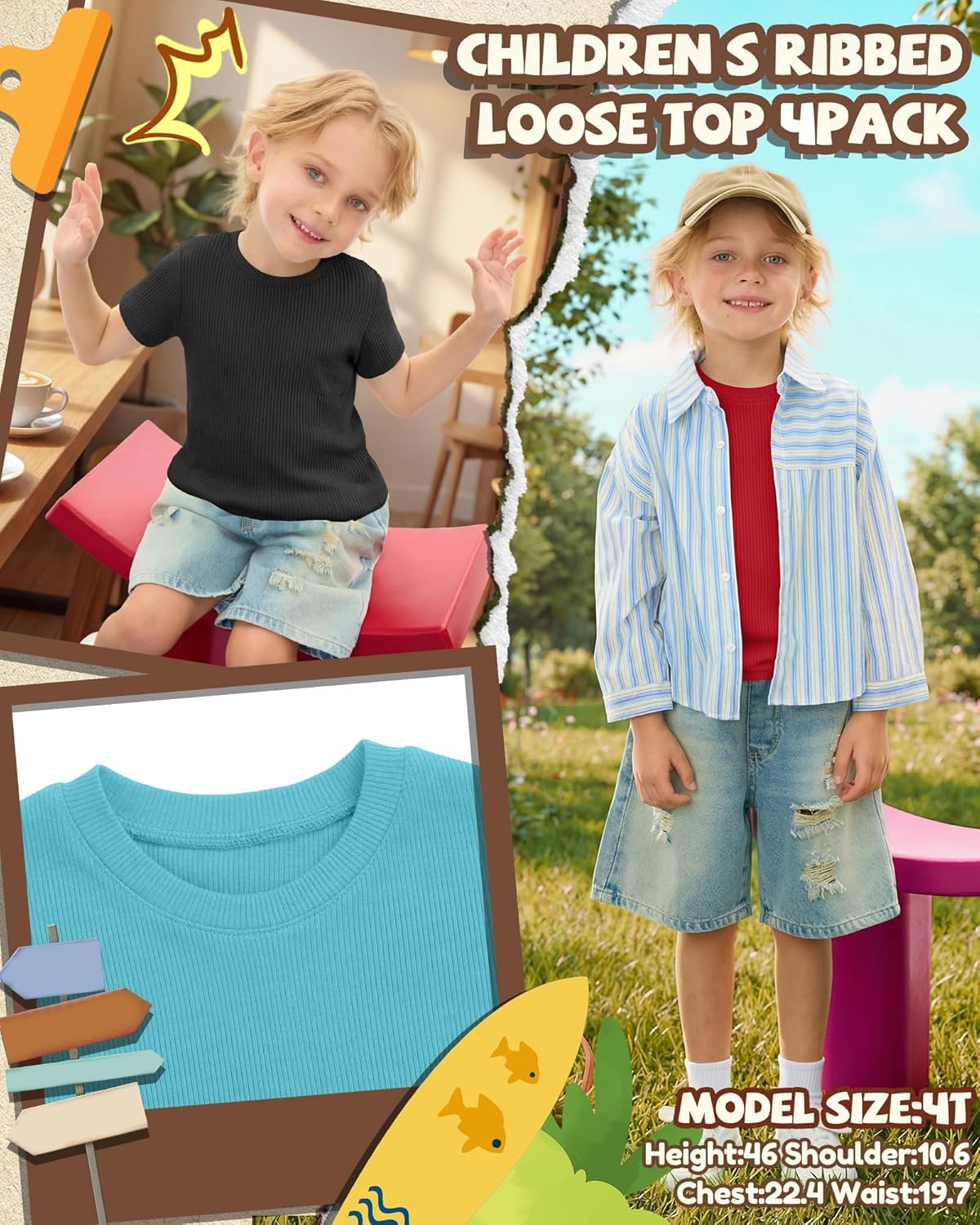 4 Pack Baby Boys Short Sleeve T-Shirts Toddler Ribbed Crew Neck Shirts Basic Tee Tops Summer Clothes 18M-5T