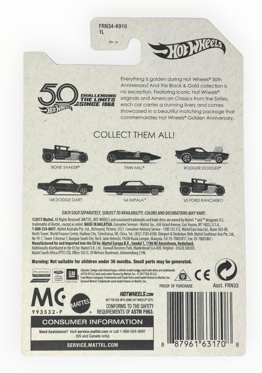 Hot Wheels 2018 50th Anniversary Black & Gold Series 1/64 Scale Diecast Model (Bone Shaker)