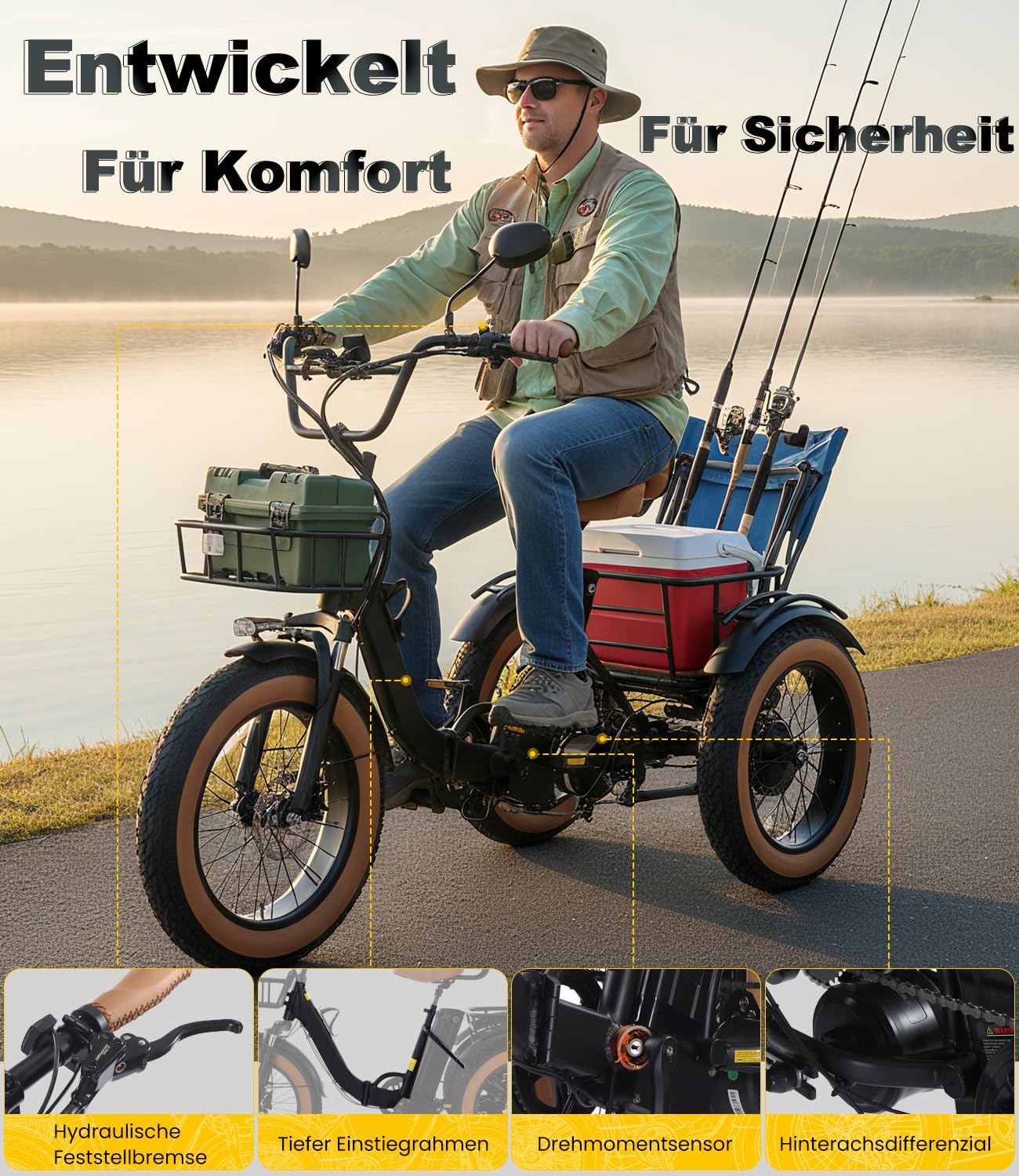 KAKIGO Elektro-Dreirad Für Erwachsene,Fat Tires Elektro-Dreirad,250W Motor,95 Nm,48V 18/10.4Ah Akku,20 Km/h, Vorder-&Hinterkorb,Differenzial,90/50Km Reichweite,Differential