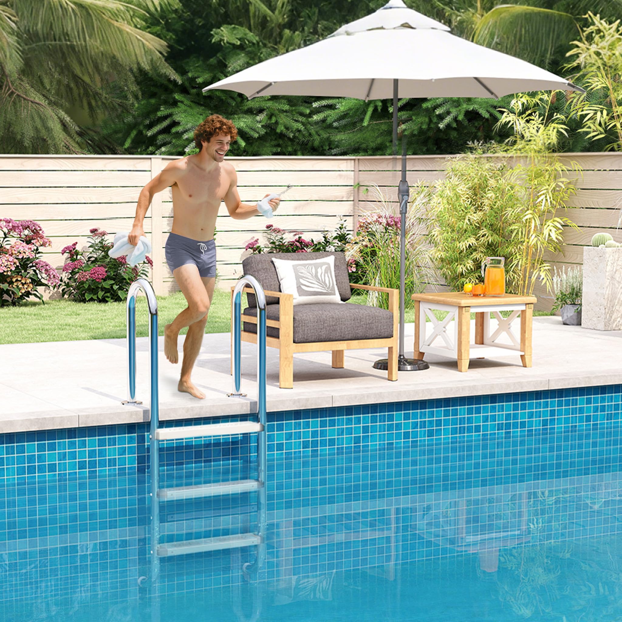 UISEBRT Échelle de piscine en acier inoxydable 304 | Échelle de piscine à 3 marches | 132 x 54 x 26,5 cm - Argent | Échelle de piscine avec antidérapant | Échelle d'accès pour piscine et bassin |