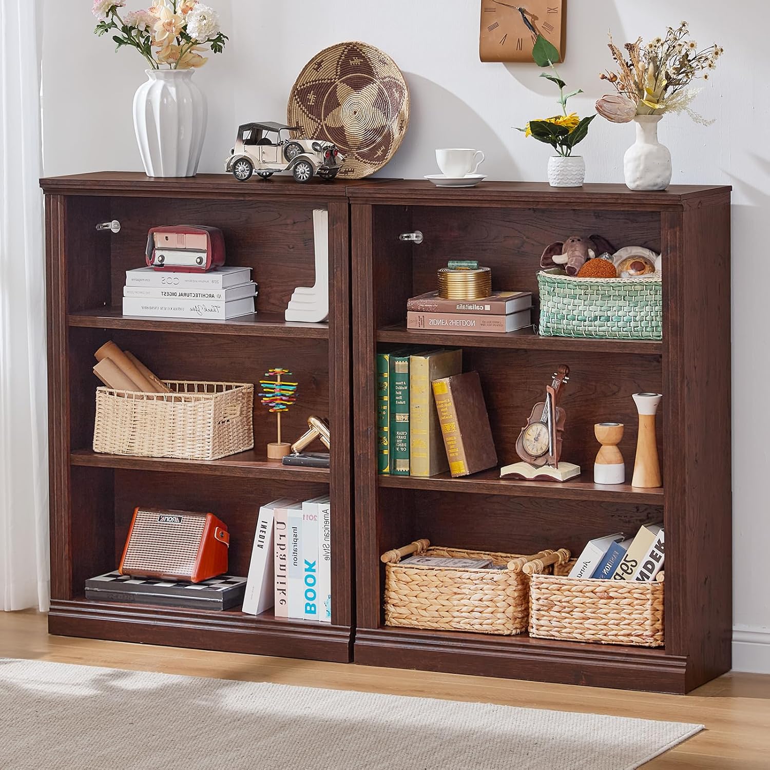 43" Walnut Tall Bookshelf,3-Tier Thick Wooden Book Shelf with Adjustable Shelves,Free Standing Farmhouse Bookcase with Open Display Storage,Floor Vintage Bookshelves for Living Room,Office - Image 4