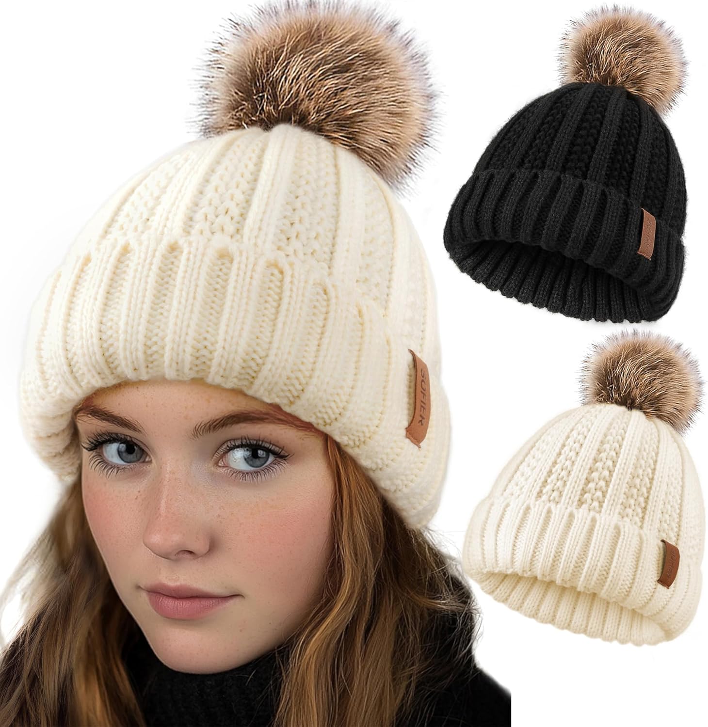 Sofier Winter Beanie for Women 2 Pack Winter Hats Soft Chunky Knit Hat with Pom Pom Warm Knitted Snow Cap for Ski