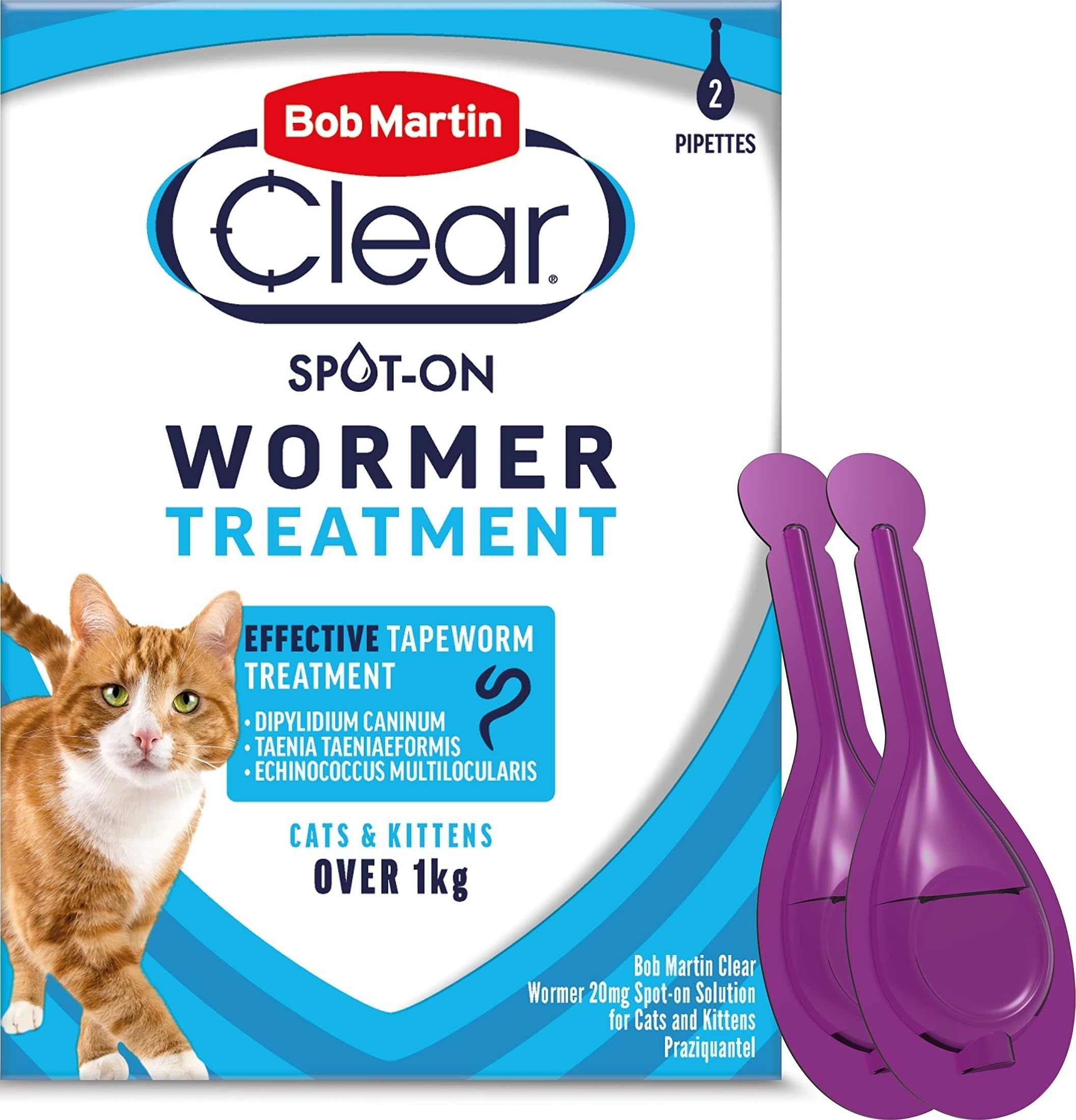 Bob Martin Clear | Spot On Wormer for Cats & Kittens | 100% Effective Tapeworm Treatment (2 Pipettes)