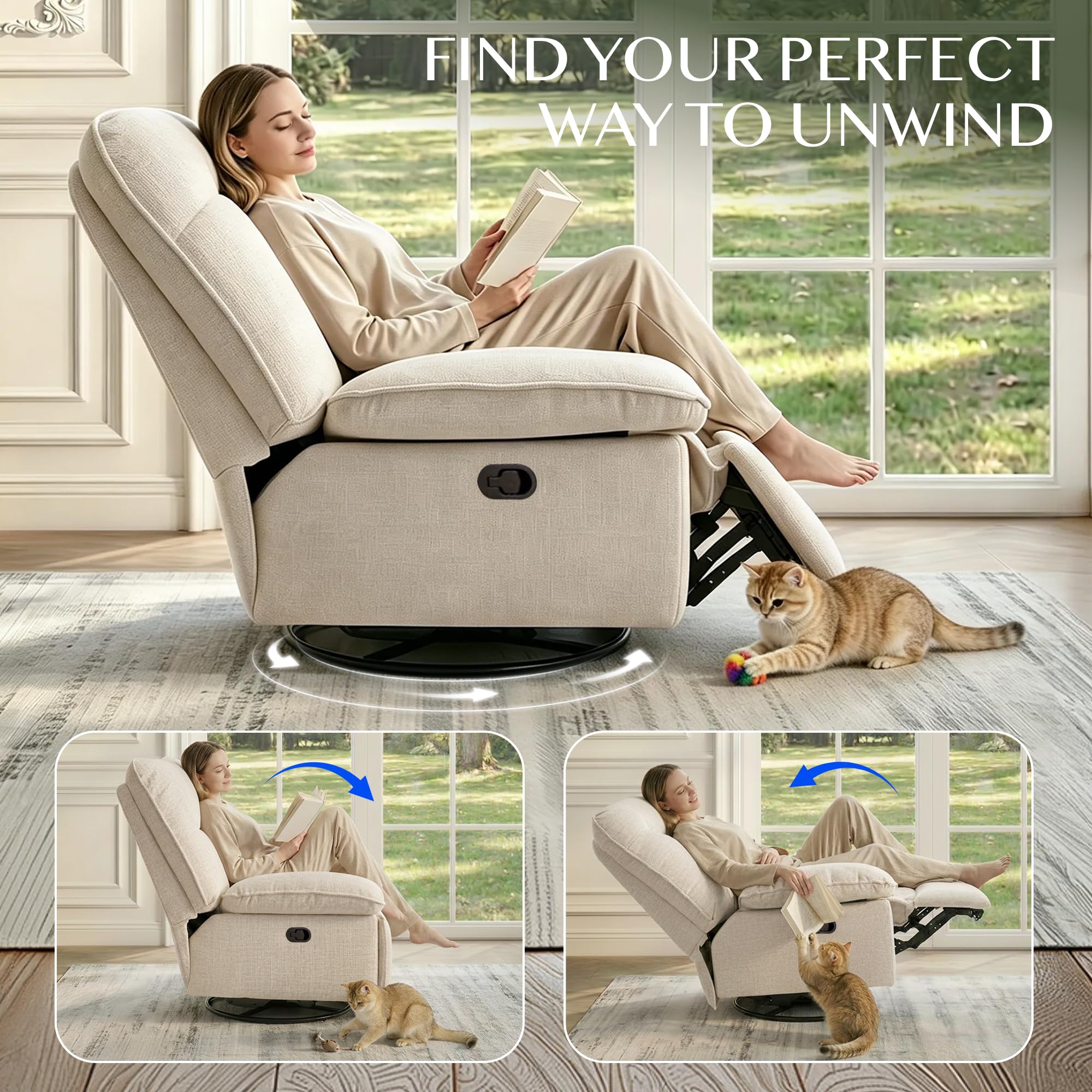 FLEXISPOT Relaxsessel, XC6, Manueller Sessel, Schlafsessel, Drehsessel mit Rocking, Liegesessel im Wohnzimmer, Fernsehsessel mit verstellbare Rückenlehne, Ruhesessel (Beige)