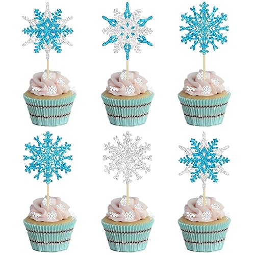 Miniatura 2 de Gyufise 24 adornos de copo de nieve para cupcakes de doble capa, selecciones de cupcakes congelados, decoraciones de pasteles de invierno para