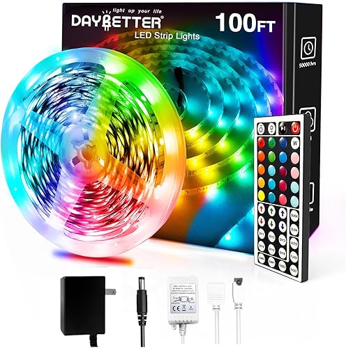 DAYBETTER Tira de luces LED de 100 pies, tiras LED RGB que cambian de color con control remoto de 44 teclas para habitación, dormitorio, adecuada