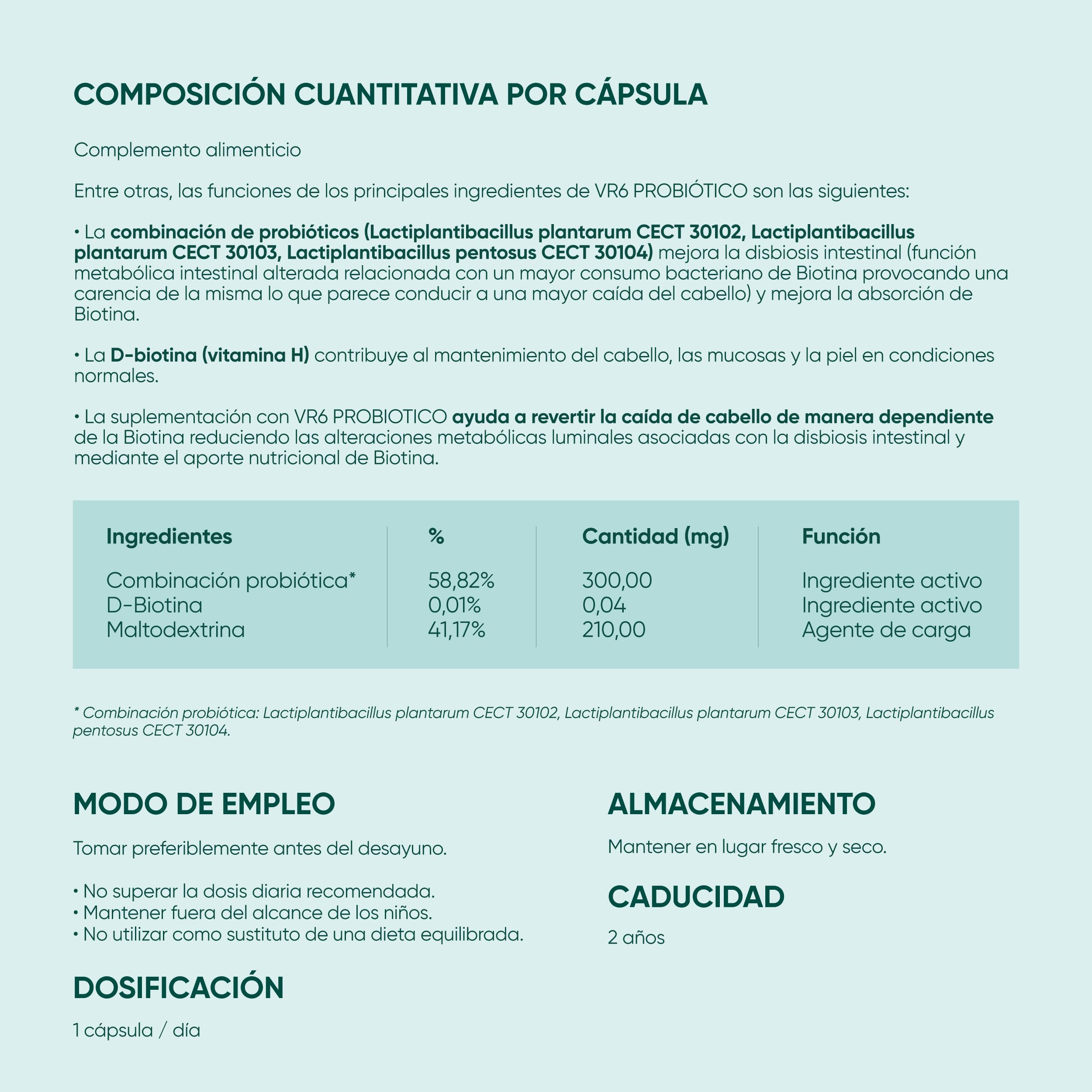 VR6 - Probiótico Anticaida Capilar con Biotina para el Cabello. Estimula el Crecimiento del Pelo y Mejorar la Disbiosis Intestinal. Vitaminas para el Cabello Piel y Uñas Mujeres y Hombres 45 und
