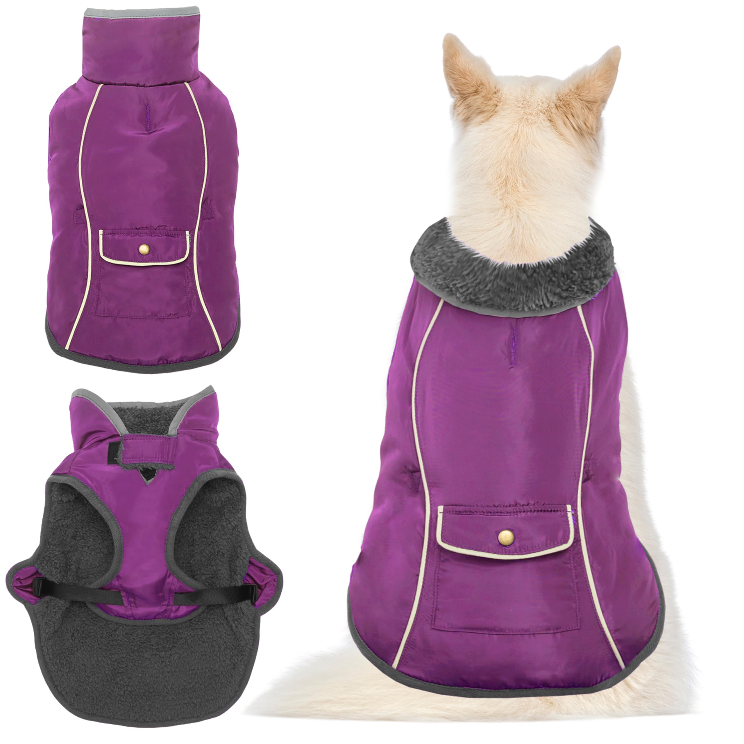 MOTZABO Dog Winter Coat - Warm Dog Clothes for Rain Snow Wind Cold Weather - Reflective Purple Adjustable Windproof Pet Vest Jacket with Leash Hole