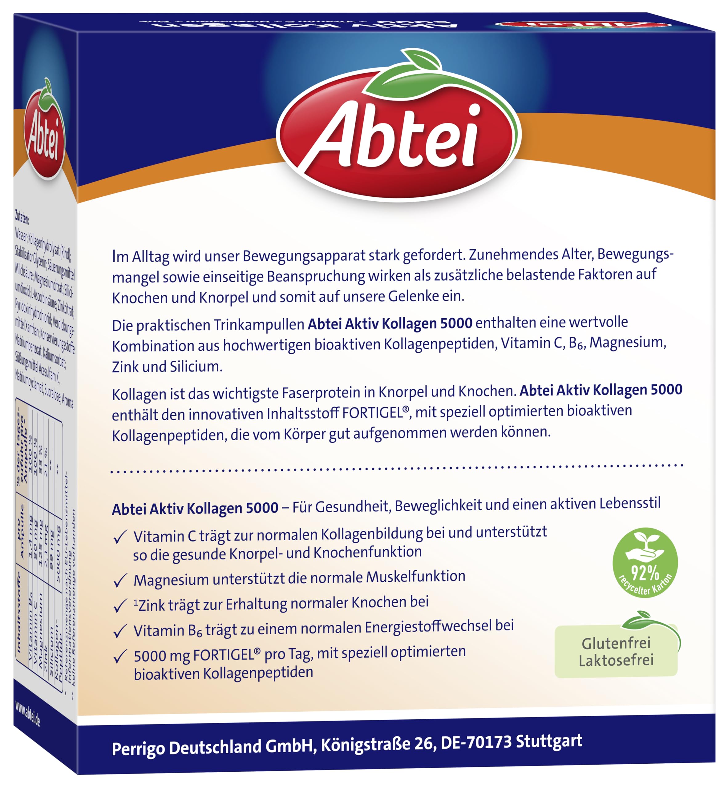 Abtei Aktiv Kollagen 5000 – Für gesunde Knochen und Muskeln – Hochdosiert, Zuckerfrei, Glutenfrei, Laktosefrei – Monatspackung – 30 Trinkampullen