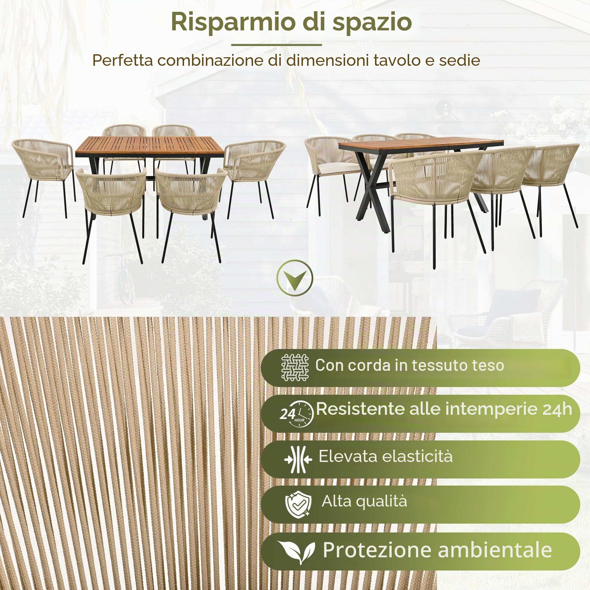Set da Pranzo da Giardino 7 Pezzi, Set da giardino in Corda per 6 persone, 6 Poltrone e 1 Tavolo in legno di acacia, Mobili da giardino, Balcone