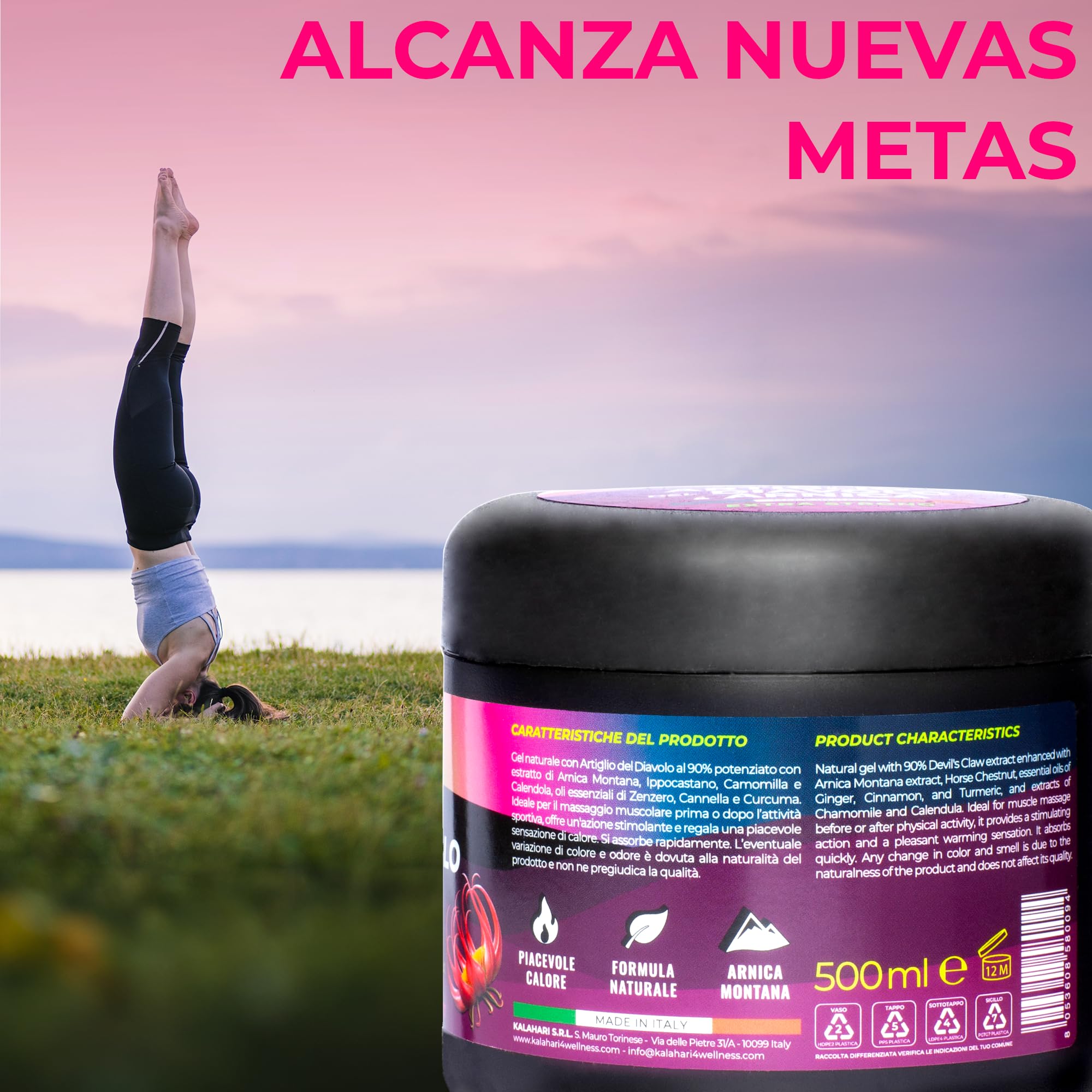 KALAHARI Garra del Diablo y Arnica Gel Extremo - Extra Fuerte - Efecto Calentador para Masajes Musculares y Articulares, Recuperación Muscular, Movilidad - Fórmula Natural, Made in Italy - 500ml