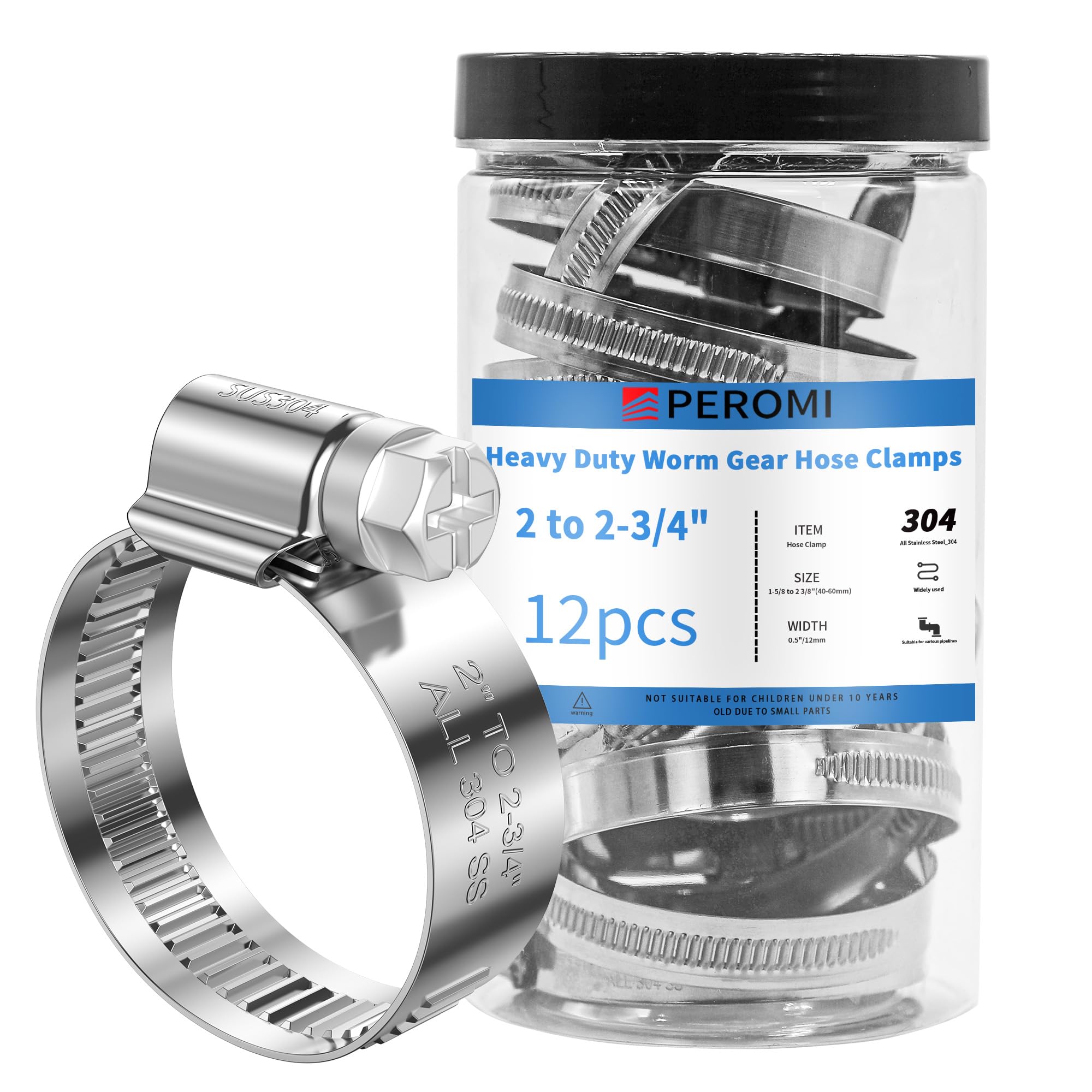 12Pack Hose Clamps, 304 Stainless Steel Worm Gear Hose Clamps