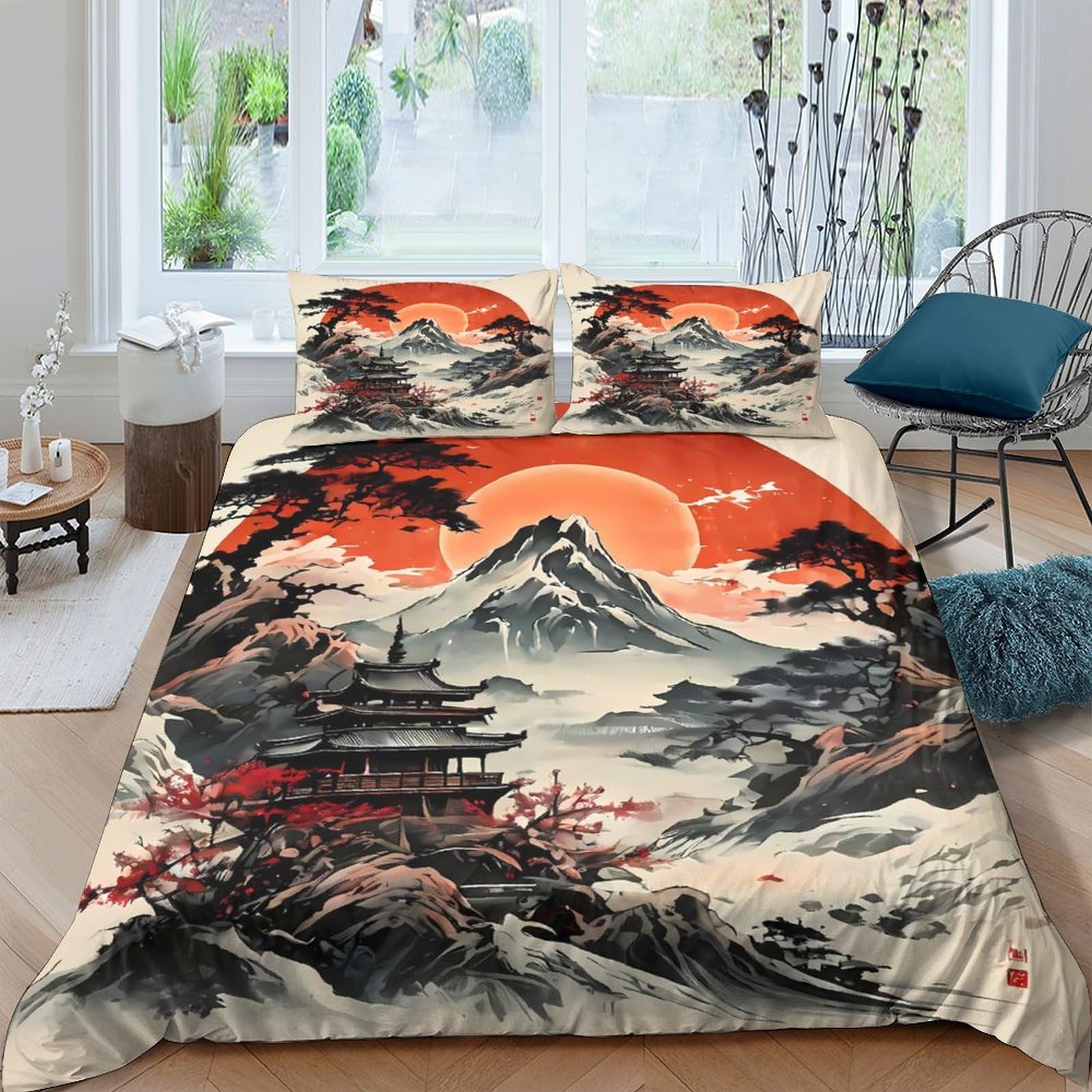 Ctjqhvkz Style-1 3D Printed Japanese Sunset Fitted Sheet Microfiber Soft Breathable Mountain Pagoda Mattress Cover For Bedroom Dorm Decor Single（135X200cm）
