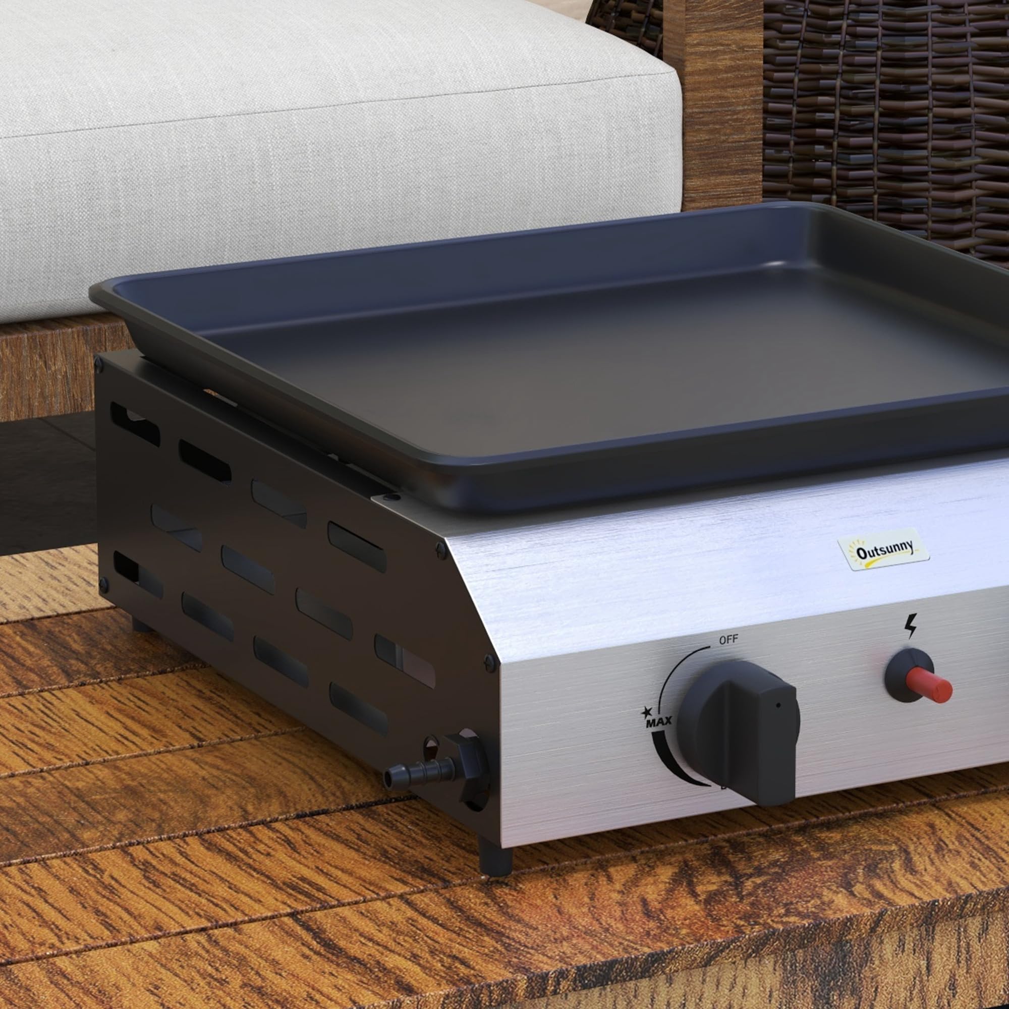 Outsunny Barbecue a Gas in Acciaio, Piastra a Gas Smaltato a 2 Bruciatori da 2.4kW, Griglia Barbecue Portatile con Piedini Regolabili e Vassoio Raccogli Grasso, Regolatore, Tubo, Argento