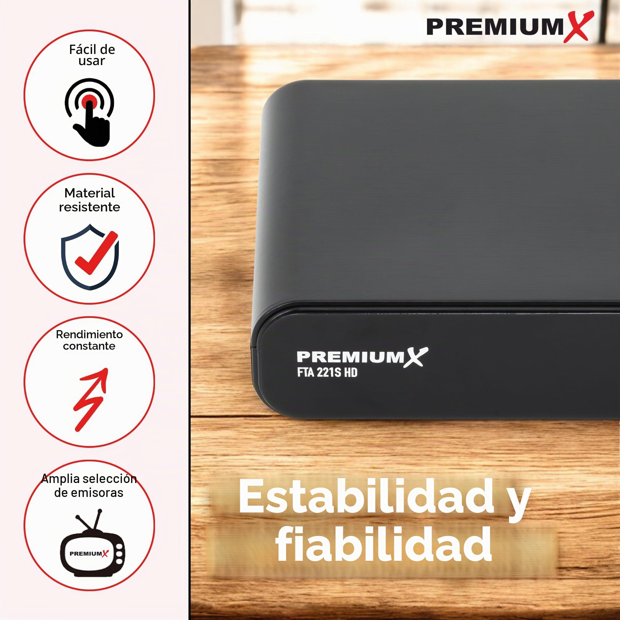 Receptor de satélite Premium X HD 221S - DVB-S2 FTA Receptor de satélite digital compatible con Unicable, HDMI y SCART, reproductor multimedia USB, transmisor alemán compacto preinstalado