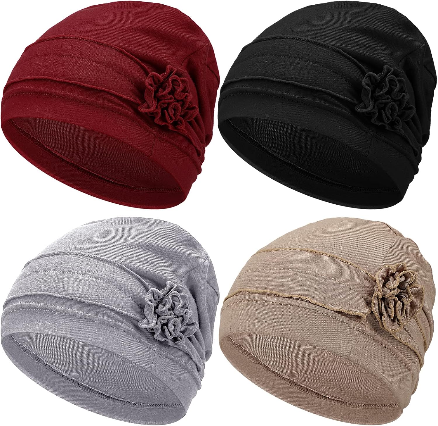 Geyoga 4 Pcs Chemo Turban Headwear for Women Slouchy Soft Chemo Cancer Hats Winter Warm Elastic Sleep Cap with Flower Design