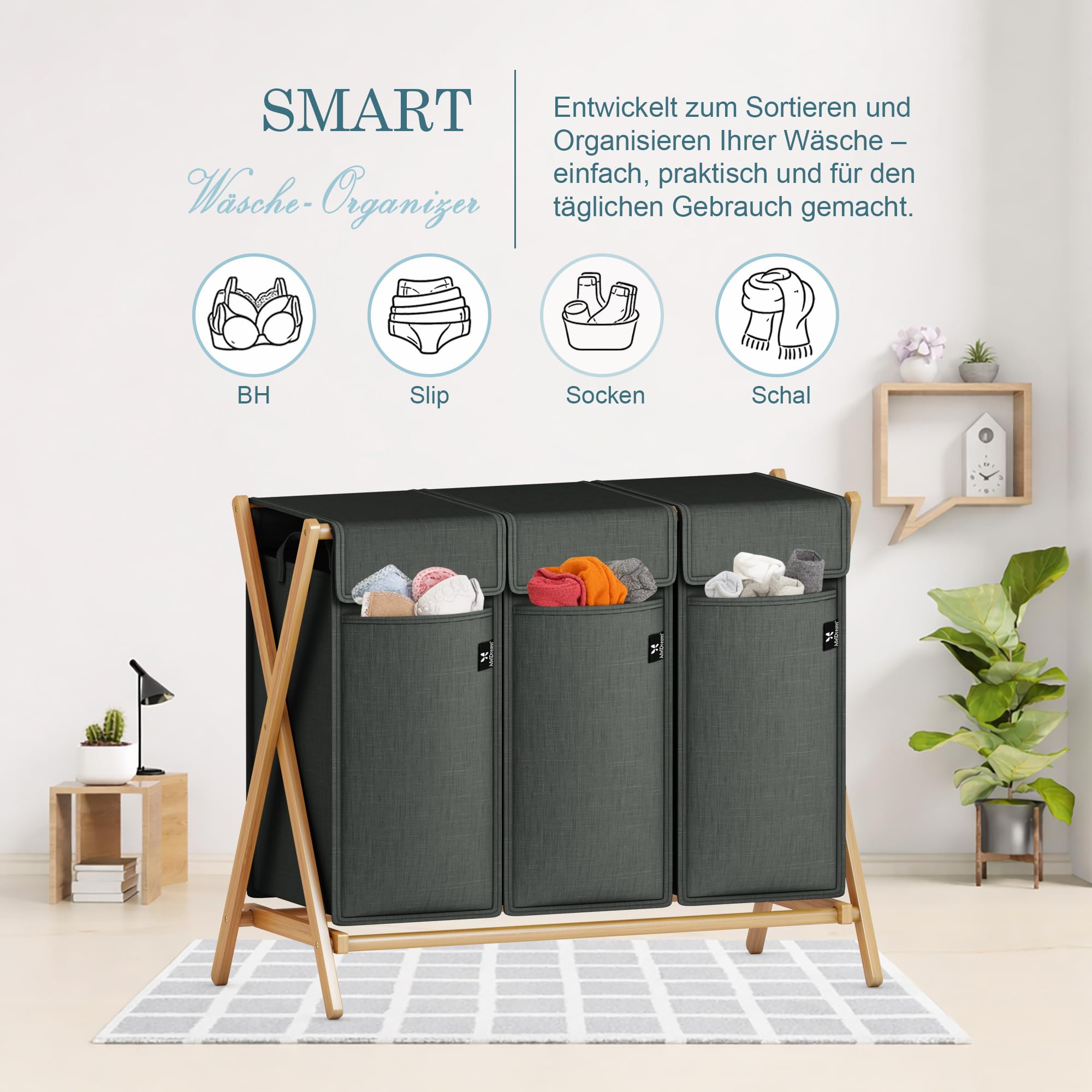 AdelDream Wäschekorb 3 Fächer 150L Bambus Wäschesammler Wäsche Sortiersystem X-förmige Wäschebox laundry baskets Wäschesortierer | Wäschesortierer 3 x 50L, faltbar, mit Deckeln, X-Gestell, Grau