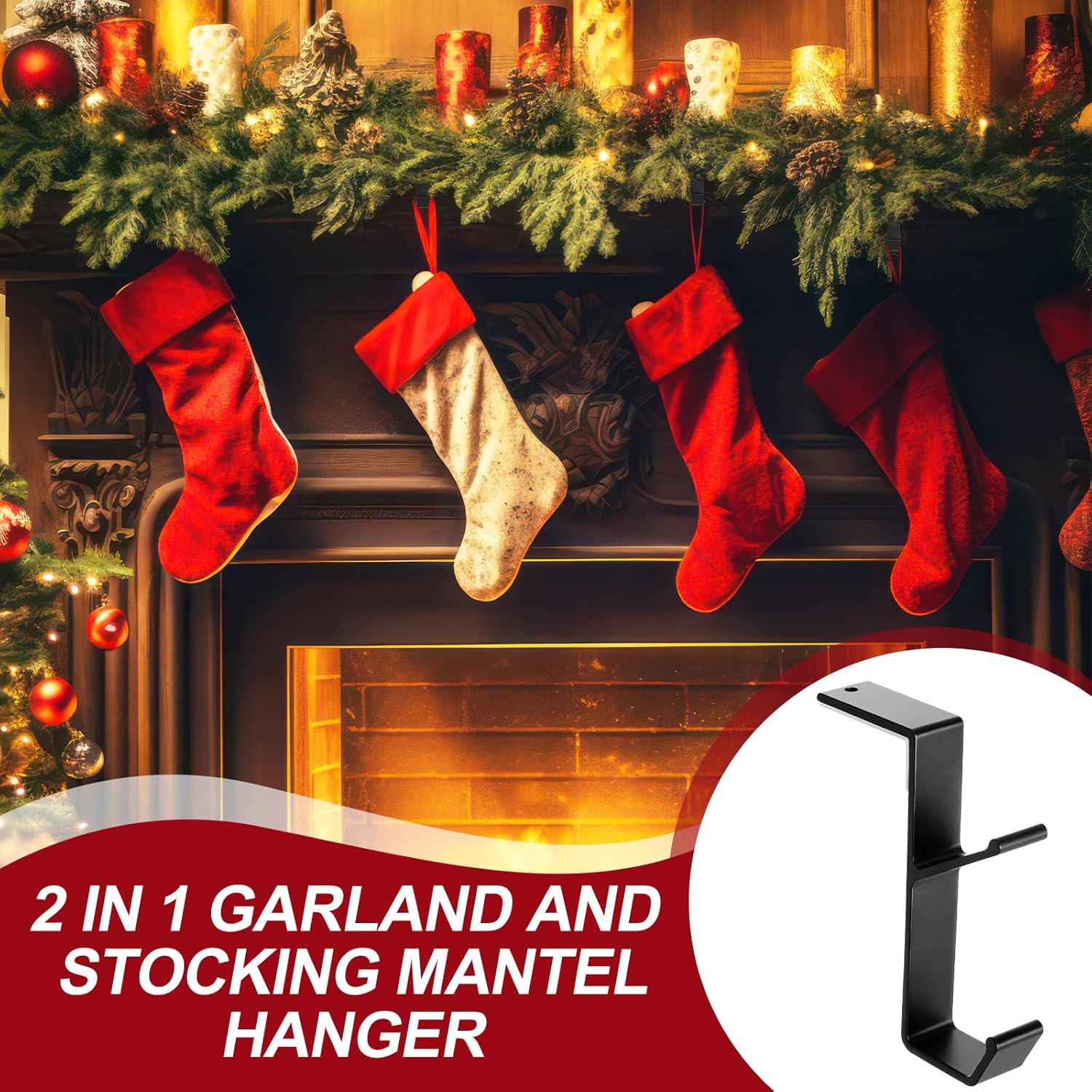 6 Pack 2 in 1 Christmas Garland and Stocking Mantel Holders Fireplace Stocking and Garland Hanger for Xmas Holiday Party Decoration Home