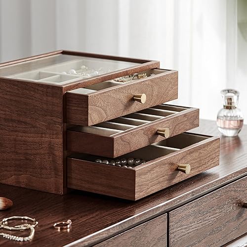 Vista 7 de Joyero de madera de nogal negro para mujer, caja organizadora grande de 3 capas con tapa de vidrio para collares, relojes, collares, anillos