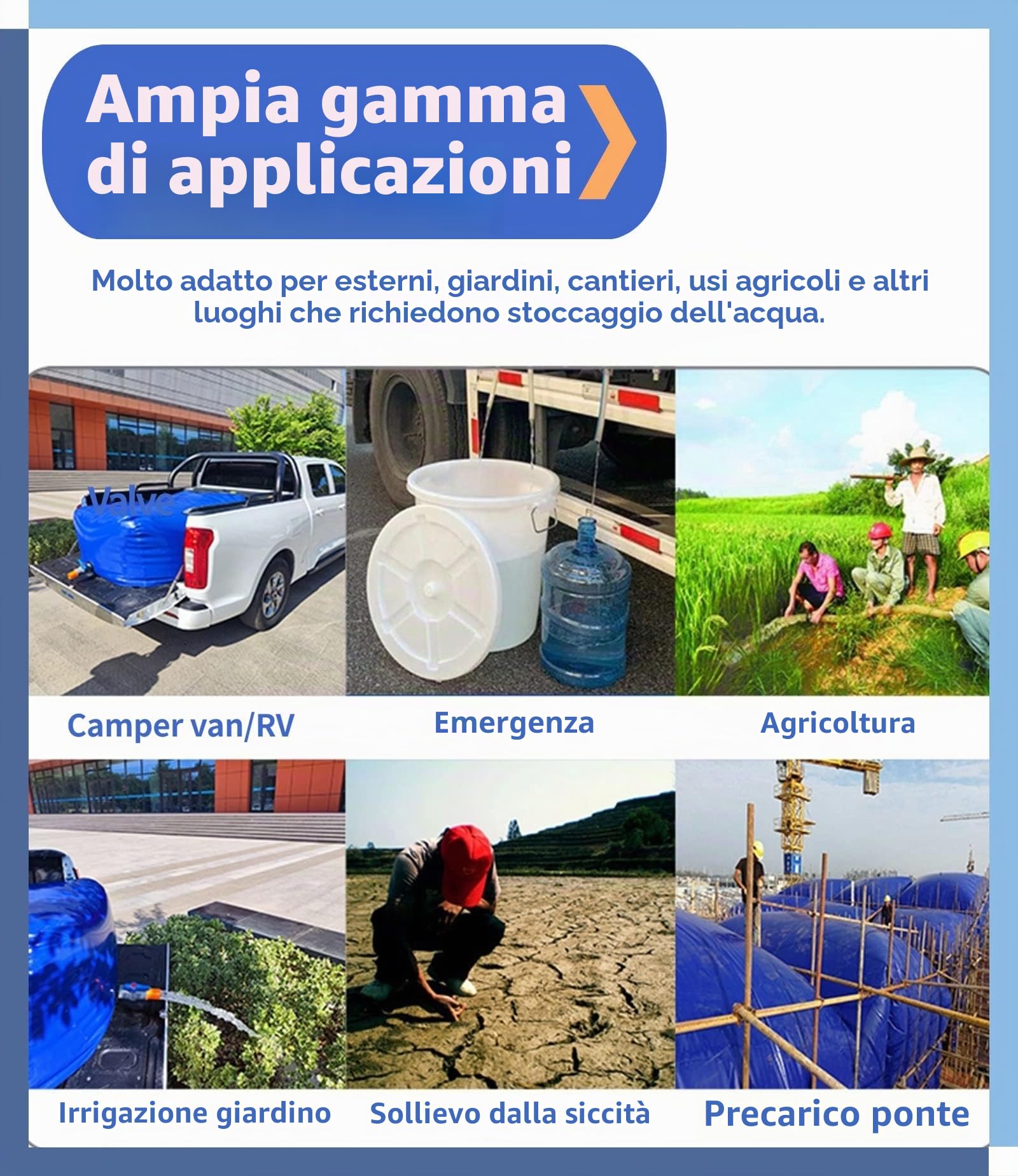Serbatoio d'acqua pieghevole - 6000L/5000L/1000L/500L/100L, serbatoio d'acqua in PVC for camion, roulotte e uso in giardino(265L/70Gal/1x0.7x0.38 m)