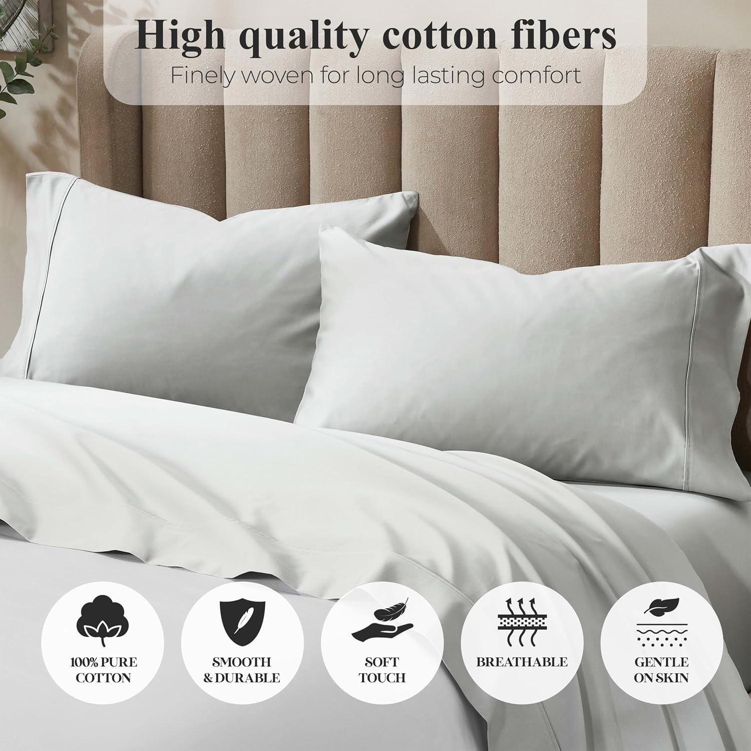 Superior Pavo Cotton Sheet Set, Sateen Weave, Soft Bedding, Modern Luxury, Comfortable, Easy Care Home Decor Essentials, Solid Design, 15" Deep Pocket Sheet Set, Twin, Light Grey