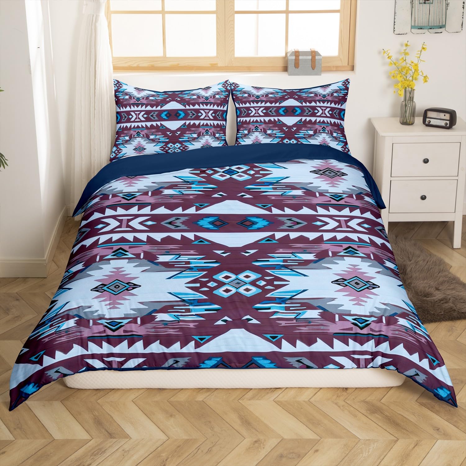 Loussiesd Purple Southwestern Bedding Set Single Size Geometric Comforter Cover Set Tribal Western Decor Native American Design Duvet Cover Stripe Line Bedspread Cover Room Decor Quilt Cover
