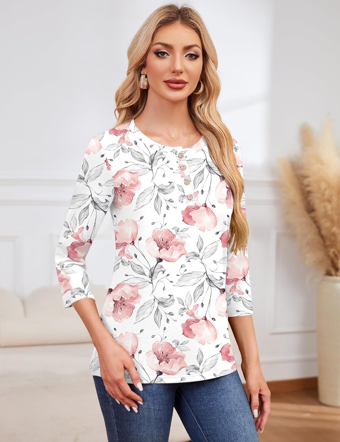 LOMON 3/4 Length Sleeve Womens Tops Dressy Casual Crewneck Pullover Tunics Summer Cute Blouses Fashion 2025 Tees Shirts - Image 4