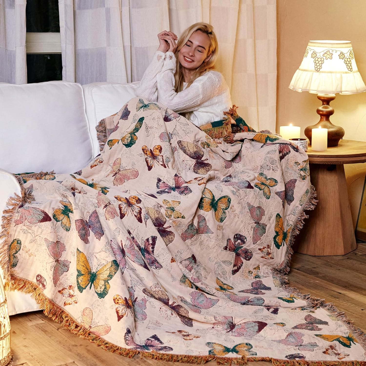 MSGKV Boho Throw Blanket for Bed Cotton Butterfly Twin Size Couch Blanket 60"x80" Muslin Spring Breathable All Seasons Lightweight Farmhouse Blankets