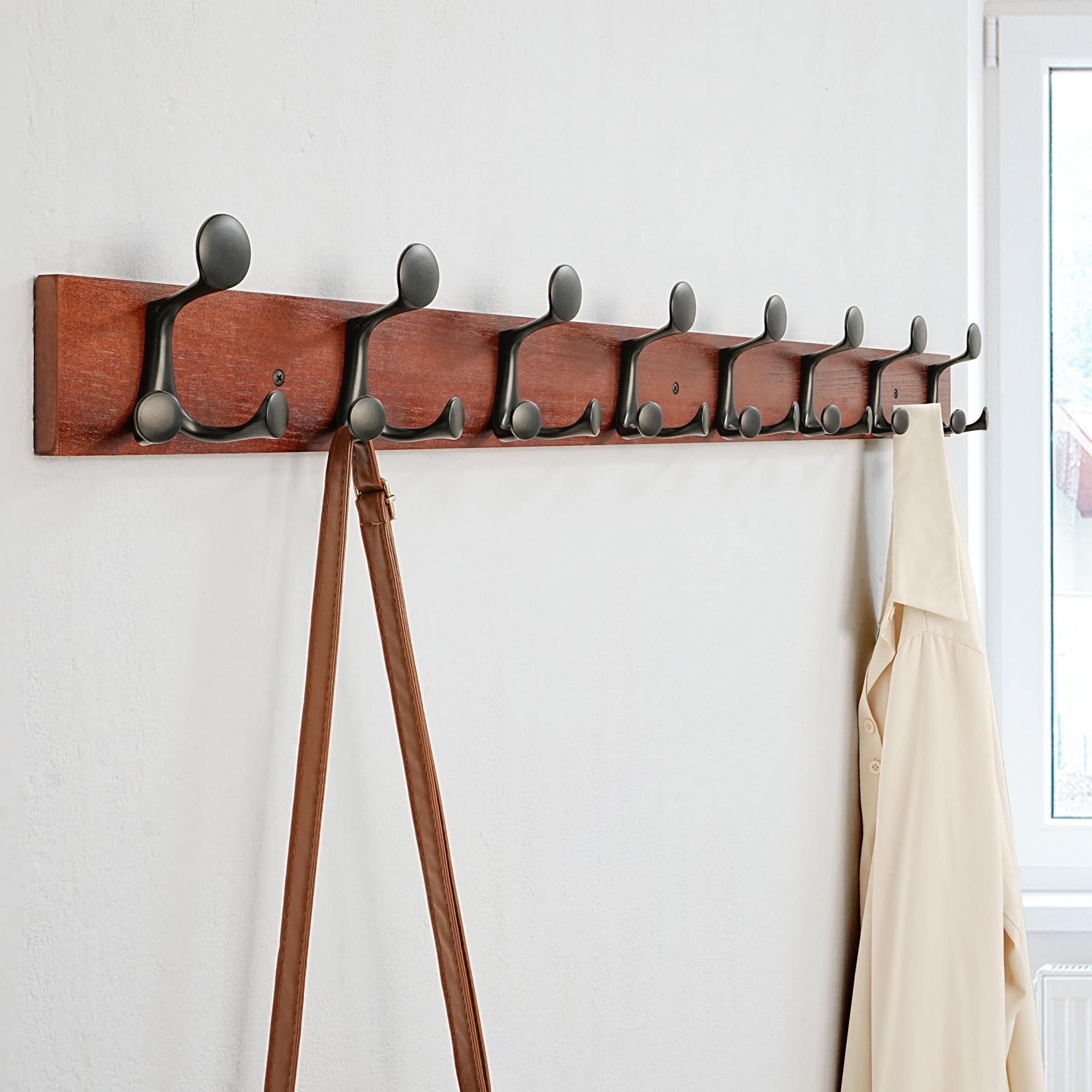 SKOLOO 109 cm Cherry Wood Coat Rack Wall Mount with 8 Triple Hooks, Ideal for Family Entrances Classrooms - Image 2