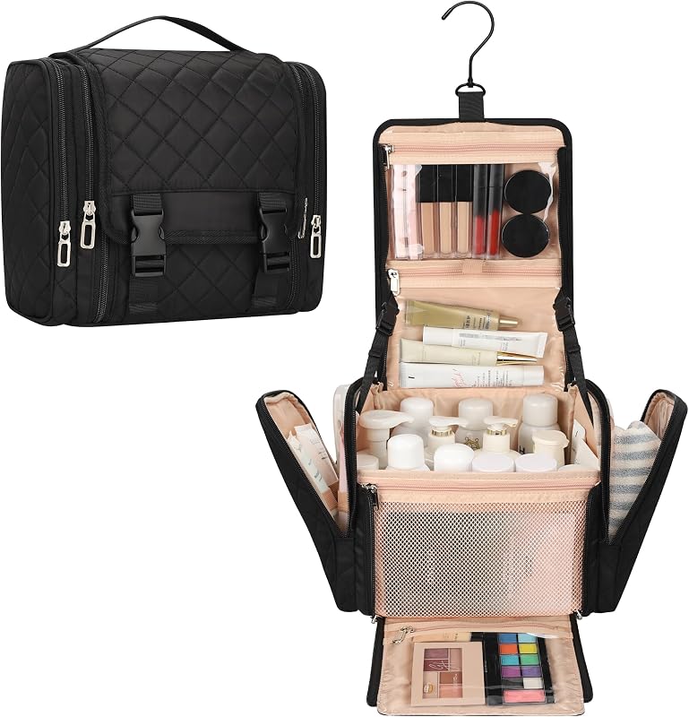 TANTO Hanging Toiletry Bag for Women, Travel Makeup Bag (Full-Size Bottles) | Large Cosmetic Organizer with Hook Portable Bathroom Shower Bag for Toiletries and Beauty , Carry-on Travel Essentials Black