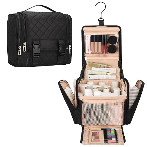 TANTO Hanging Toiletry Bag for Women, Travel Toiletries Bag Water-resistant Large Makeup Cosmetic Organizer with Hook Portable Bathroom Bag for Full-size Bottles,Travel Essentials (Black,Large)