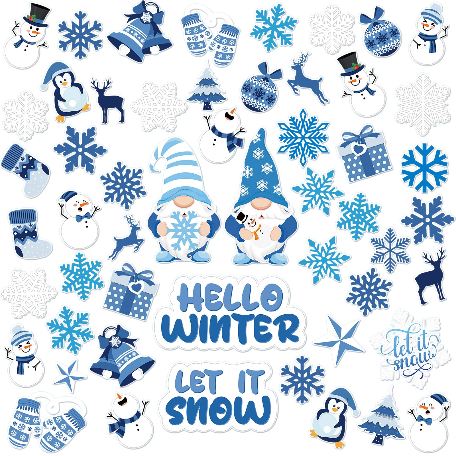 Cholemy 53 Pcs Winter Window Clings Blue Christmas Gel Clings for Windows