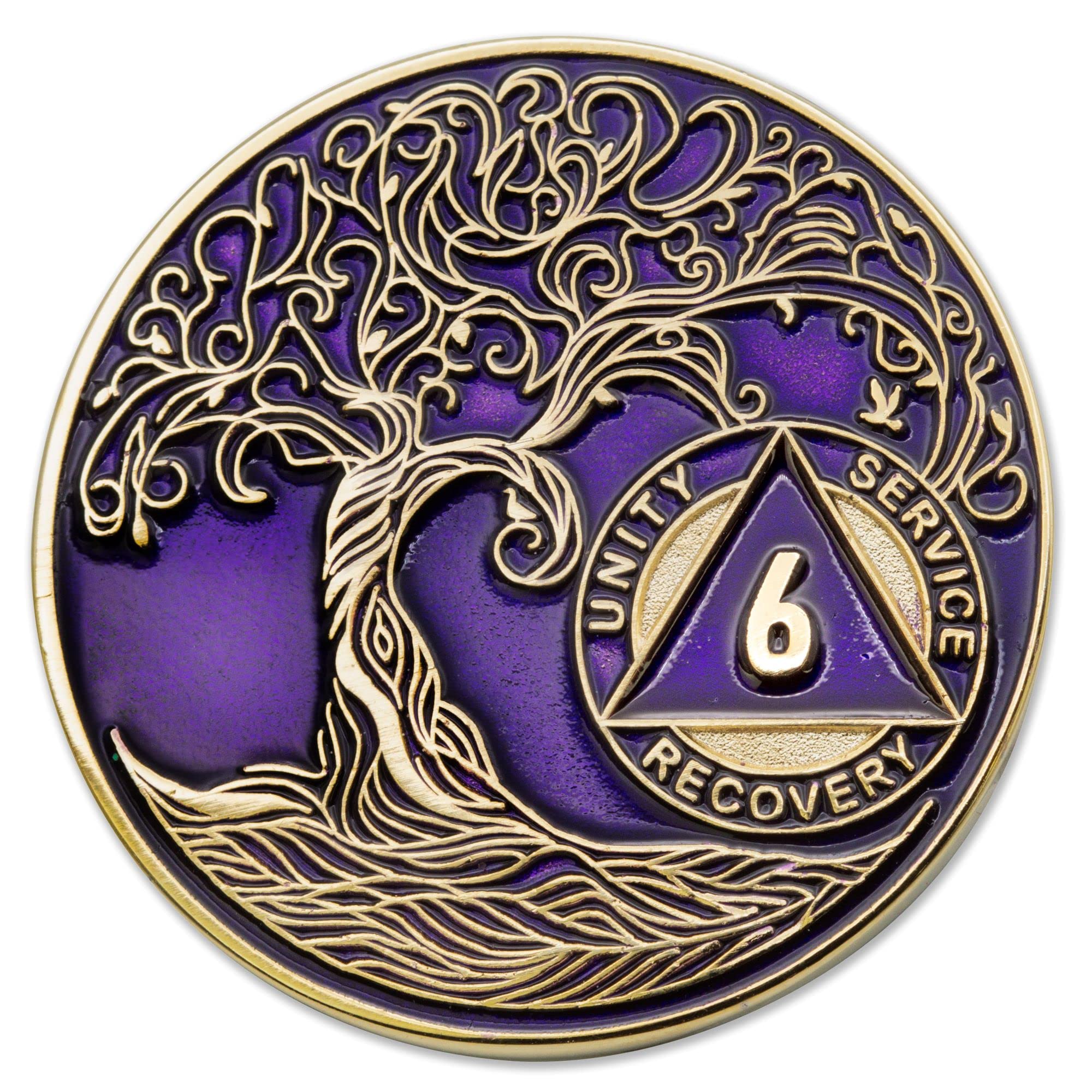 1 to 50 Year Twisted Tree of Life Sobriety Coin - Gold Plated AA Chips &amp; Medallions - 6 Year Sobriety Coin - Purple