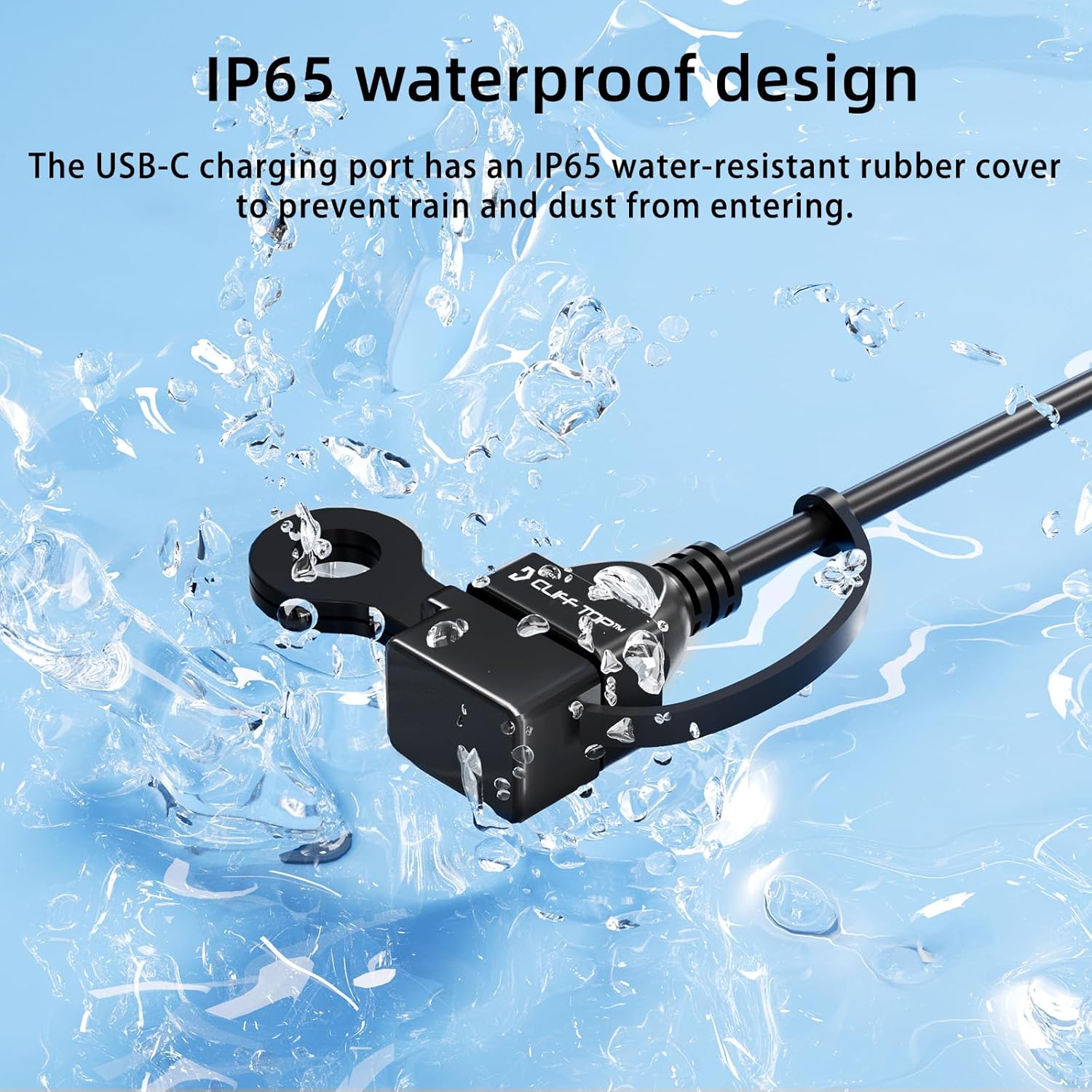 Cliff Top Waterproof Motorcycle USB Charger, 18W PD Type-C Quick Charge, SAE to USB-C Connector, with 10mm Rear View Mirror Mount for Motorbike Phone Charging