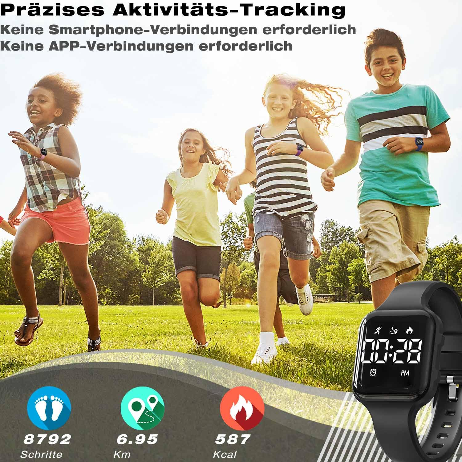 Montre numérique pour enfants, podomètre, étanche, tracker de fitness, montre avec podomètre, affichage LED, chronomètre pour enfants, garçons, filles, adolescents (noir)