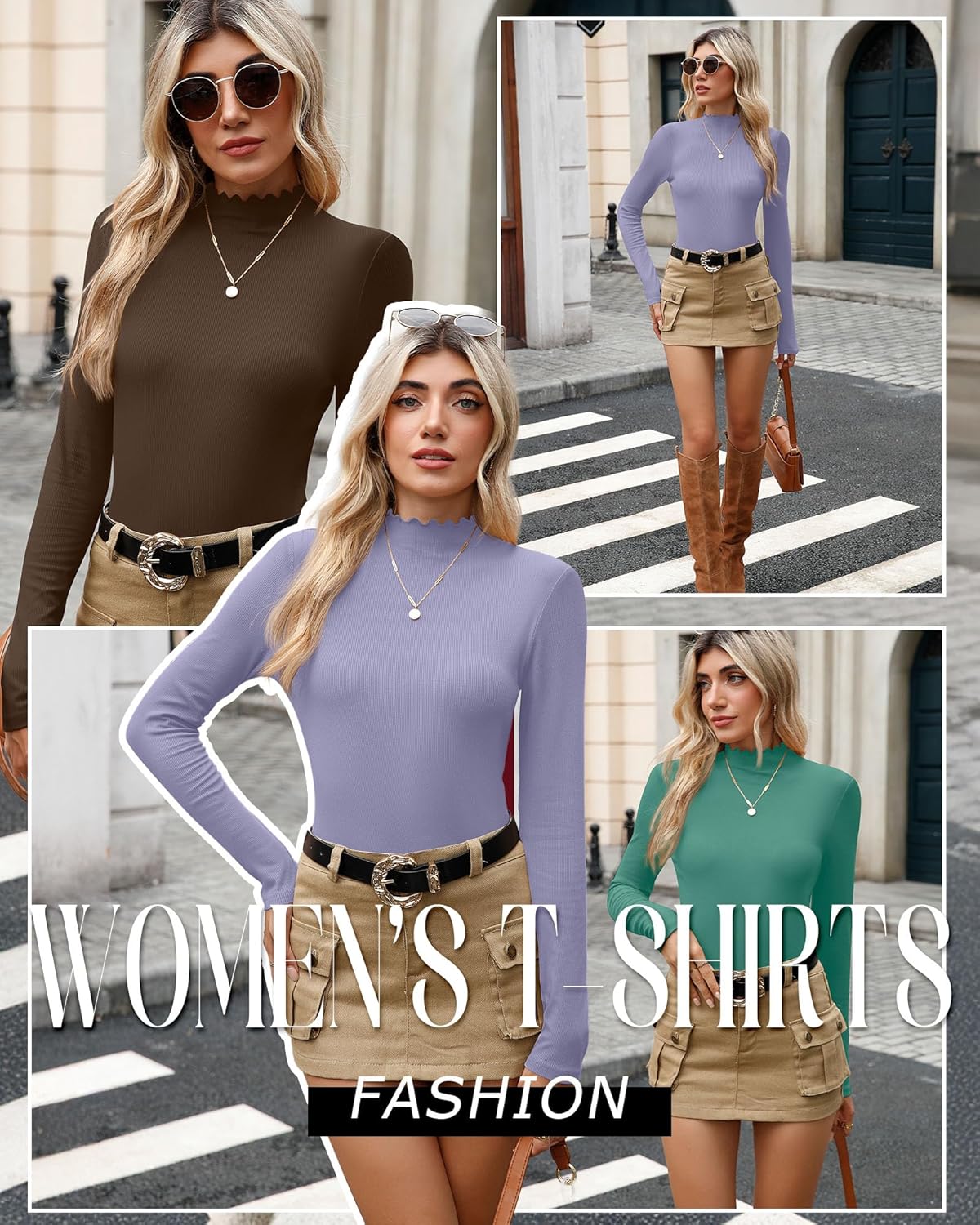 3 Pack Women's Cotton Long Sleeve Mock Turtleneck Tops Ribbed Lettuce Trim Slim Fit Shirts Thermal Base Layer - Image 5